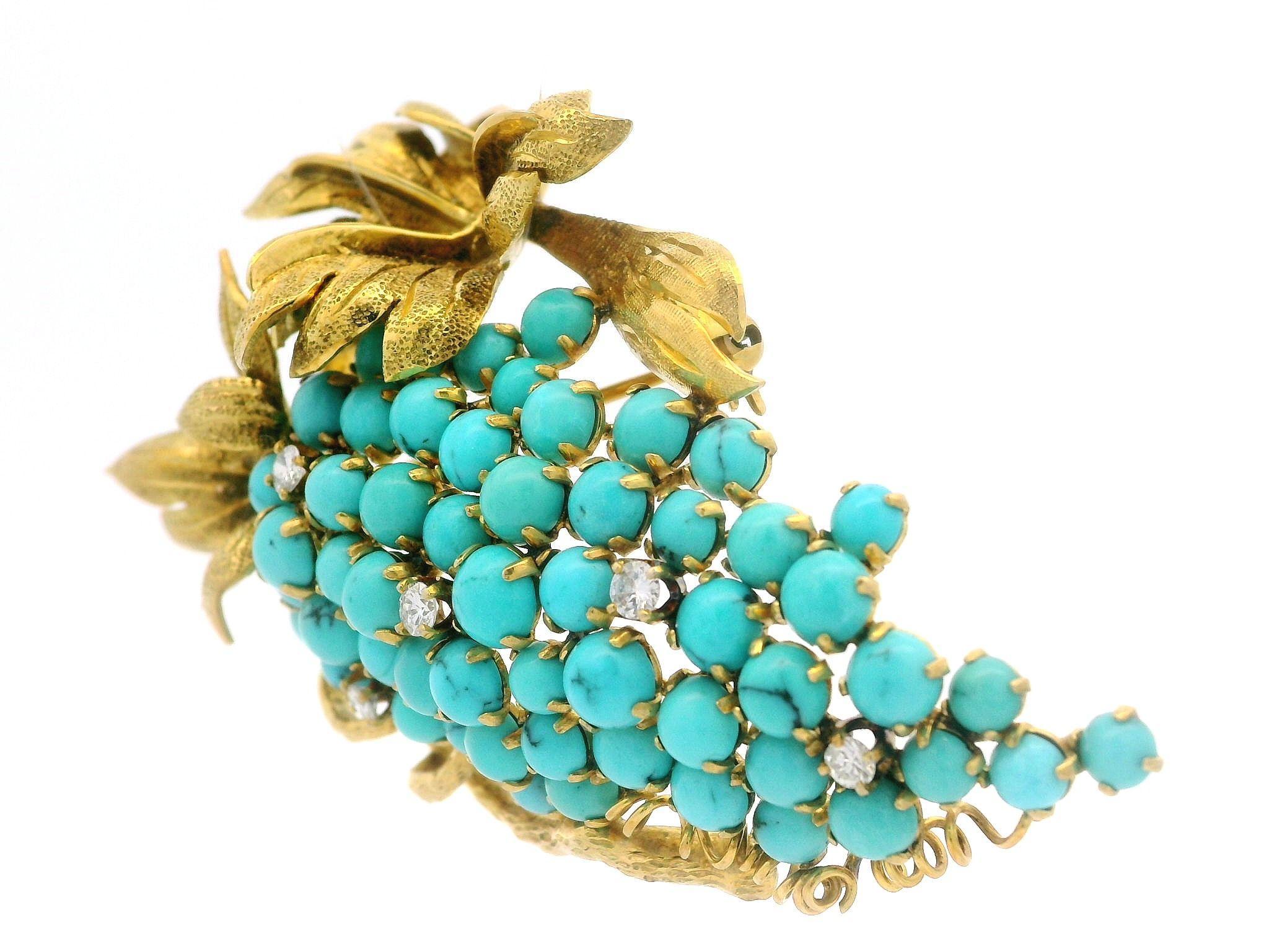 Donna Vintage Branch grande in oro giallo, turchese e diamanti, con tralcio di vite, spilla in vendita
