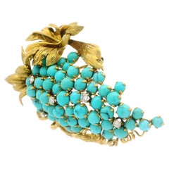 Vintage Large Yellow Gold Turquoise & Diamond Grape Vine Branch Pin Brooch