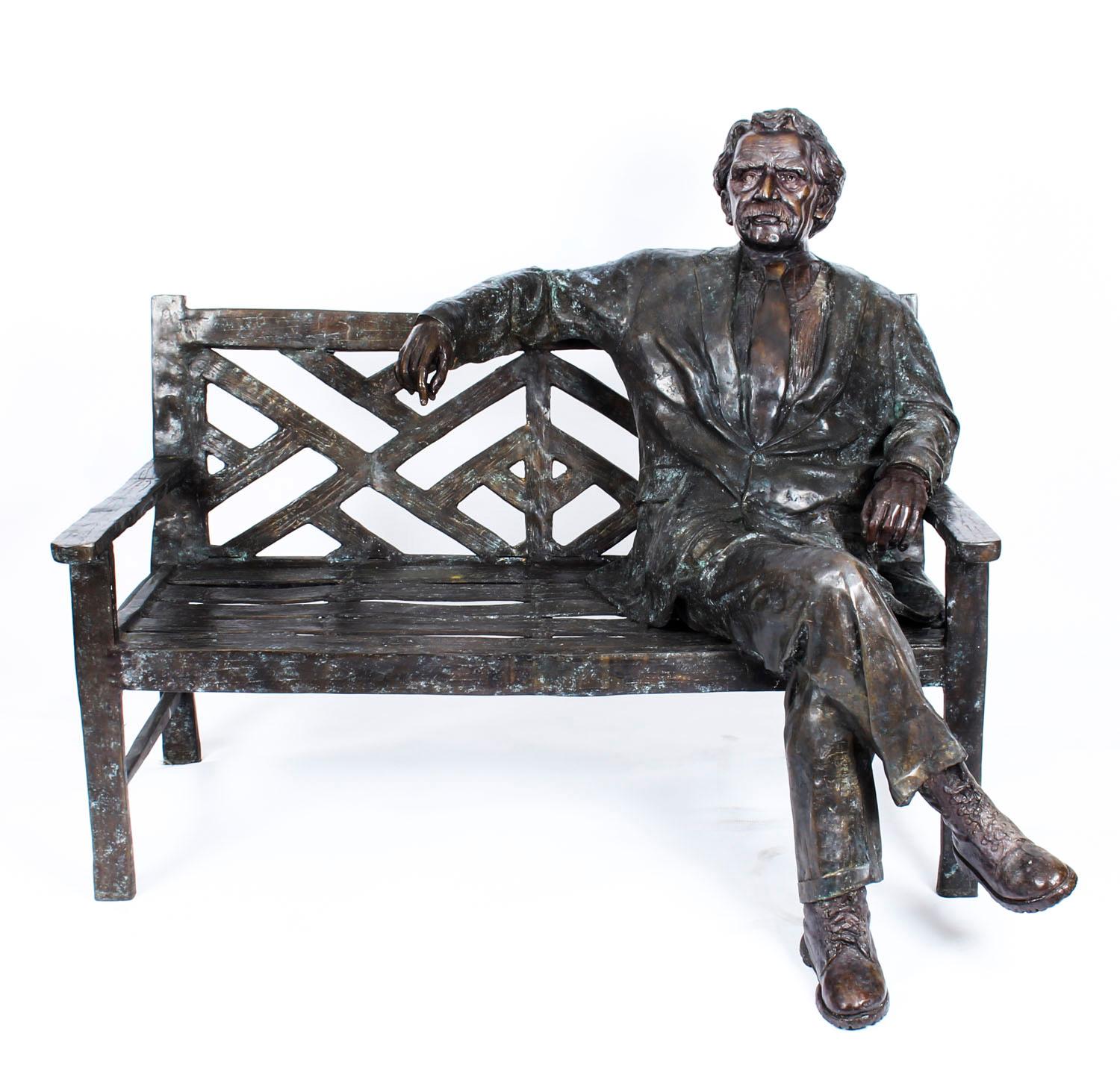 This is a spectacular larger than life-size vintage bronze statue of the German-born theoretical physicist, Albert Einstein, sitting in a relaxed and informal way on an outdoor bench and dating from the late 20th century.

This remarkable statue is