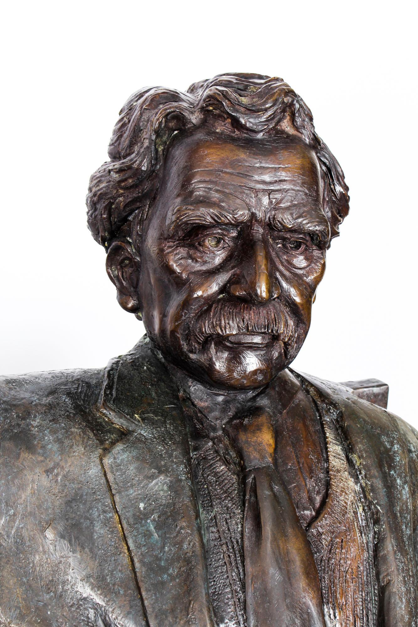 Vintage Larger than Life-Size Bronze of Albert Einstein on a Garden Bench For Sale 1