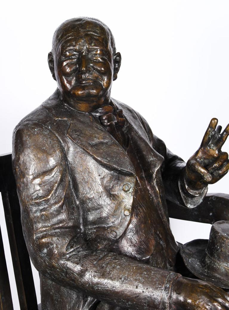 Late 20th Century Vintage Larger than Life-Size Bronze Winston Churchill on a Bench, 20th Century