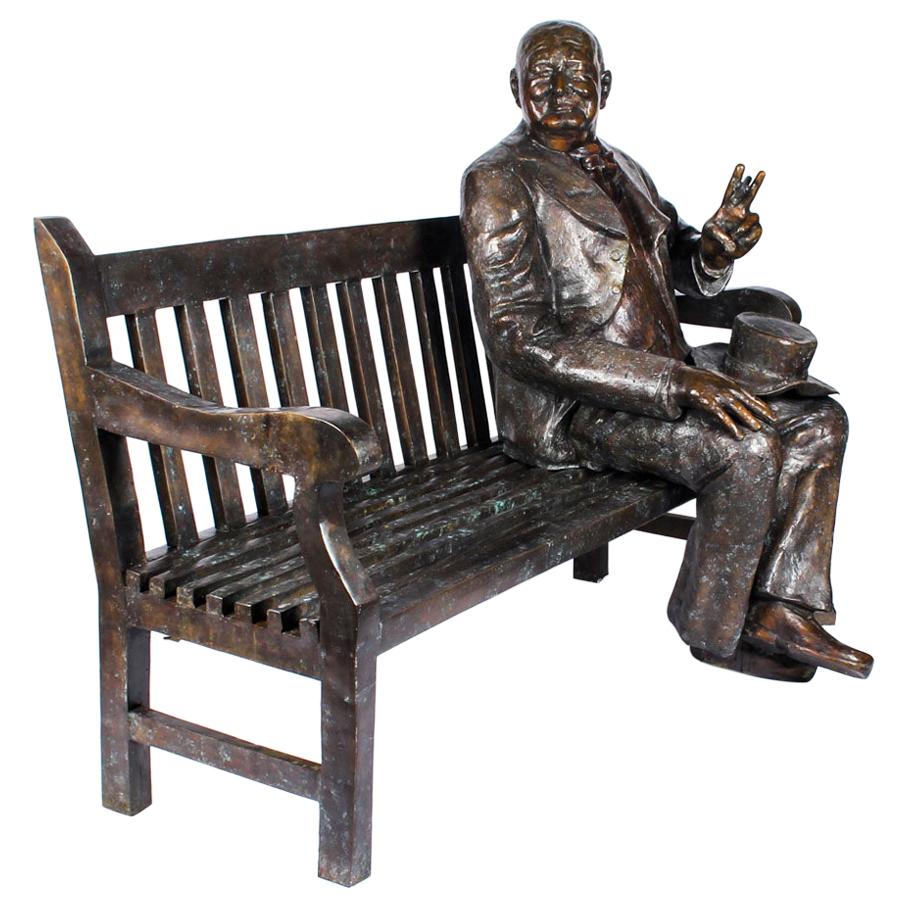 Vintage Larger than Life-Size Bronze Winston Churchill on a Bench, 20th Century