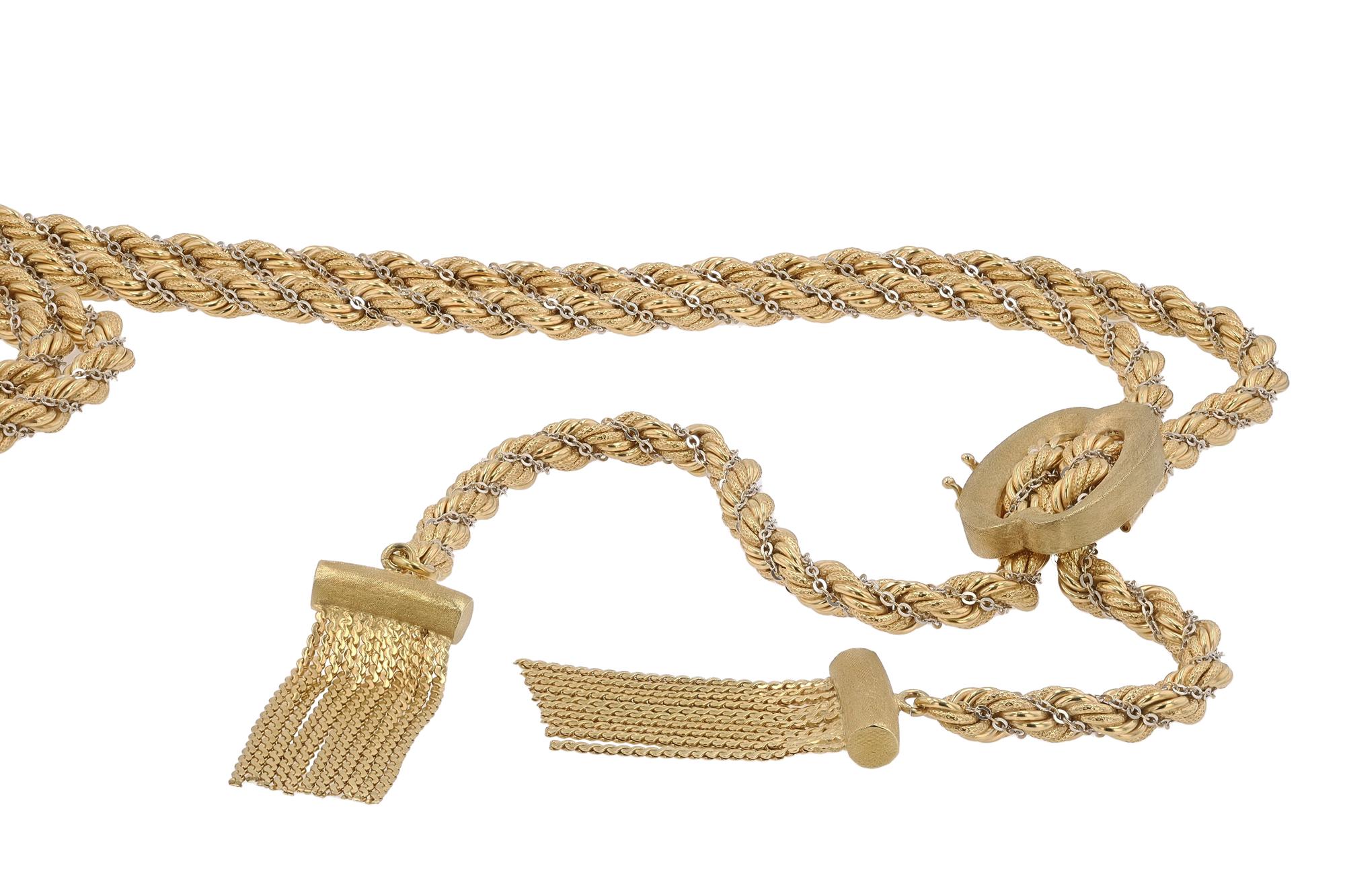 Mob Wife Vintage Lariat Schwere 18K Gold Quaste Seil Kette Bolo Slide Halskette für Damen oder Herren im Angebot