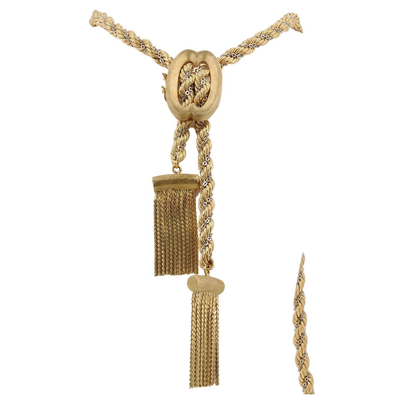 Mob Wife Vintage Lariat Schwere 18K Gold Quaste Seil Kette Bolo Slide Halskette im Angebot