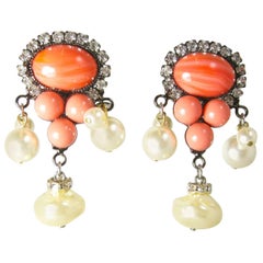 Vintage Larry Vrba Faux Coral & Faux Pearl Drop Earrings