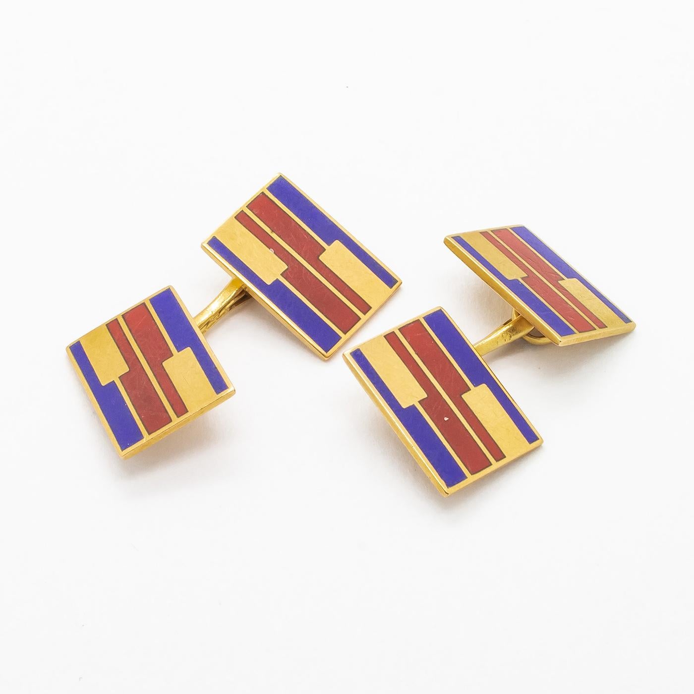 Vintage Larter & Sons Red and Blue Enamel and Gold Cufflinks, Circa 1960 In Fair Condition For Sale In London, GB