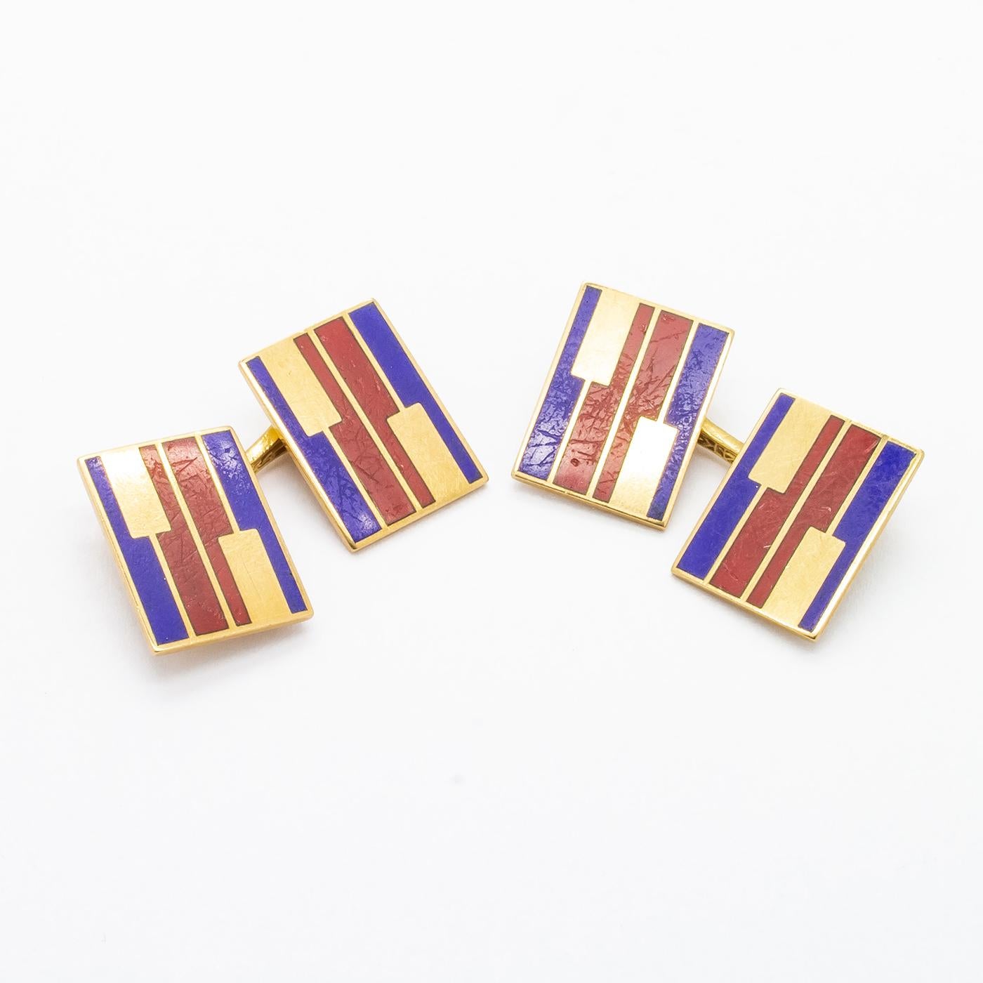 Men's Vintage Larter & Sons Red and Blue Enamel and Gold Cufflinks, Circa 1960 For Sale