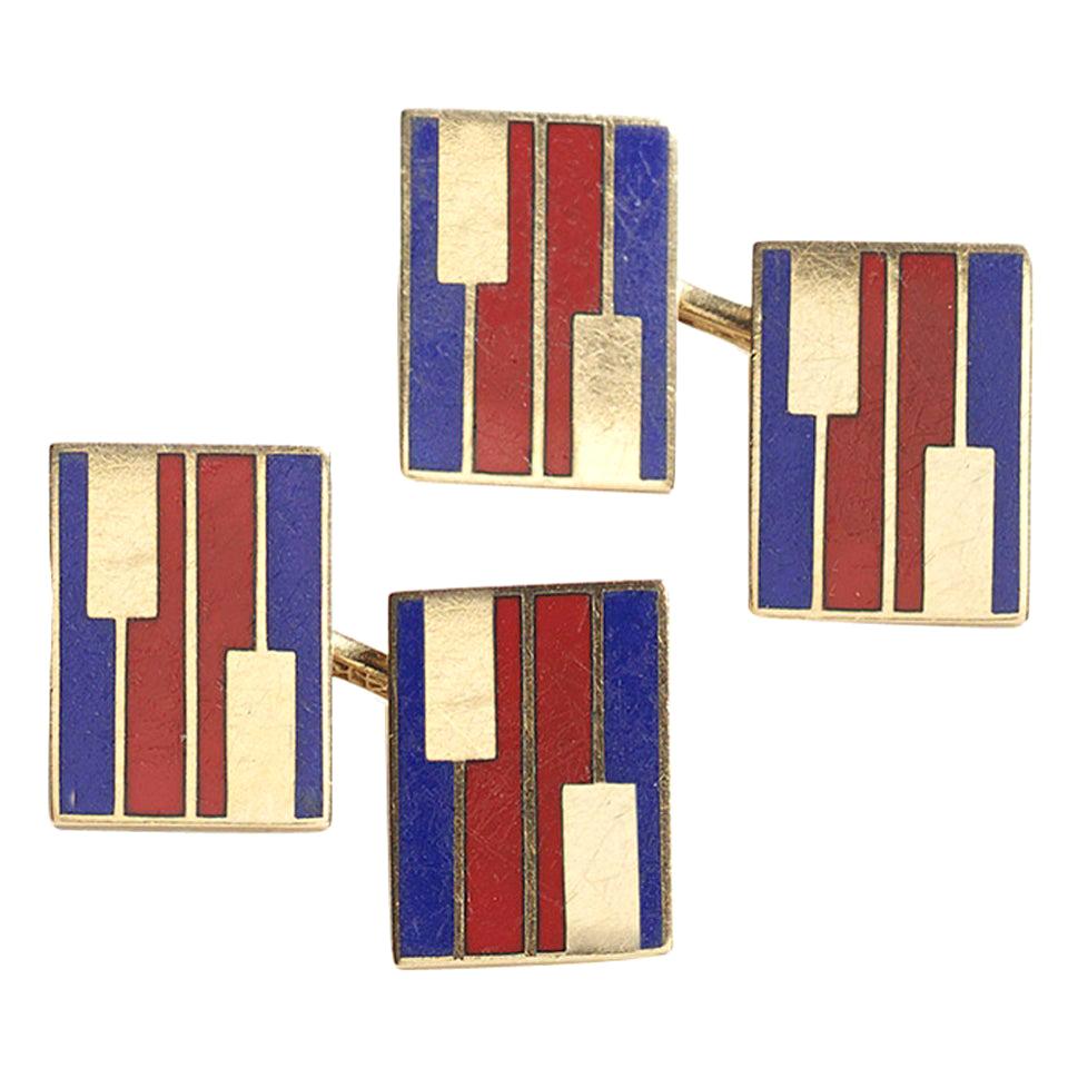 Vintage Larter & Sons Red and Blue Enamel and Gold Cufflinks, Circa 1960 For Sale