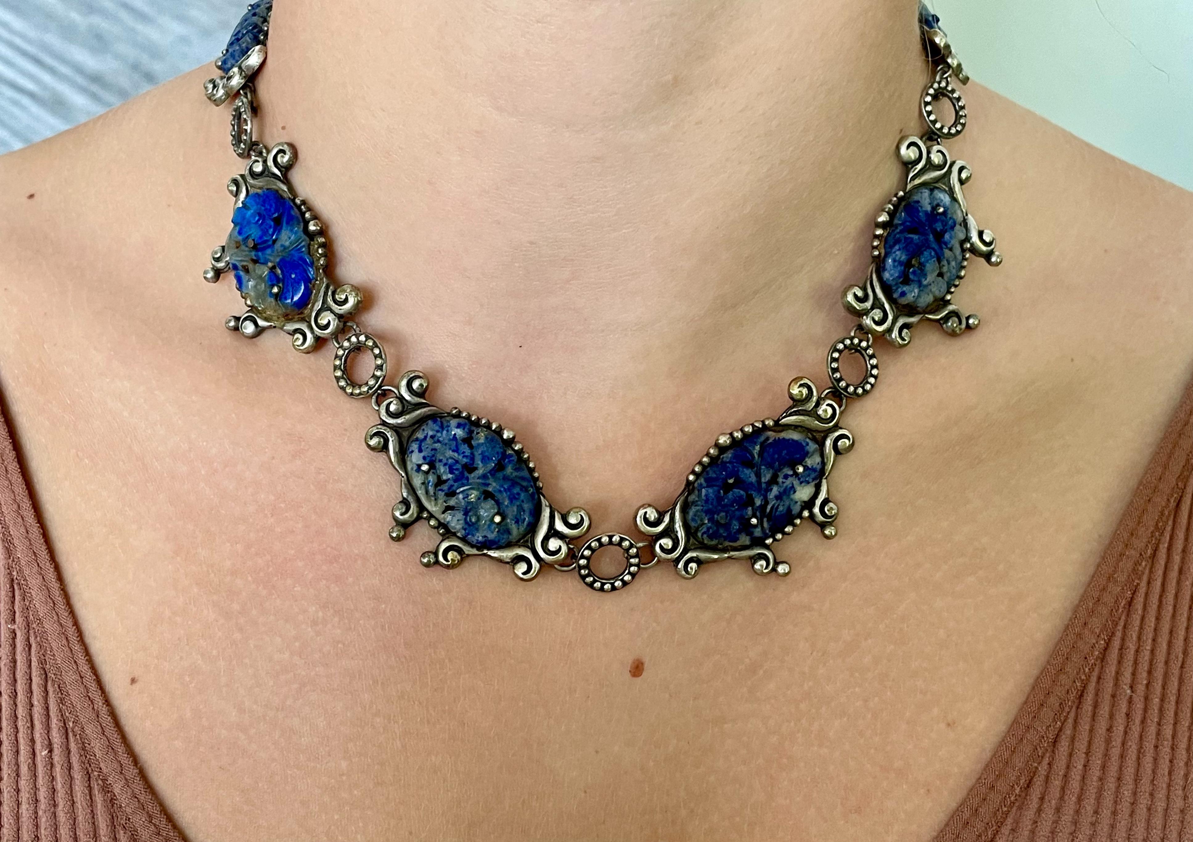 Vintage Las Castillos Taxco Lapis Lazuli Sterling Silver Necklace For Sale 2