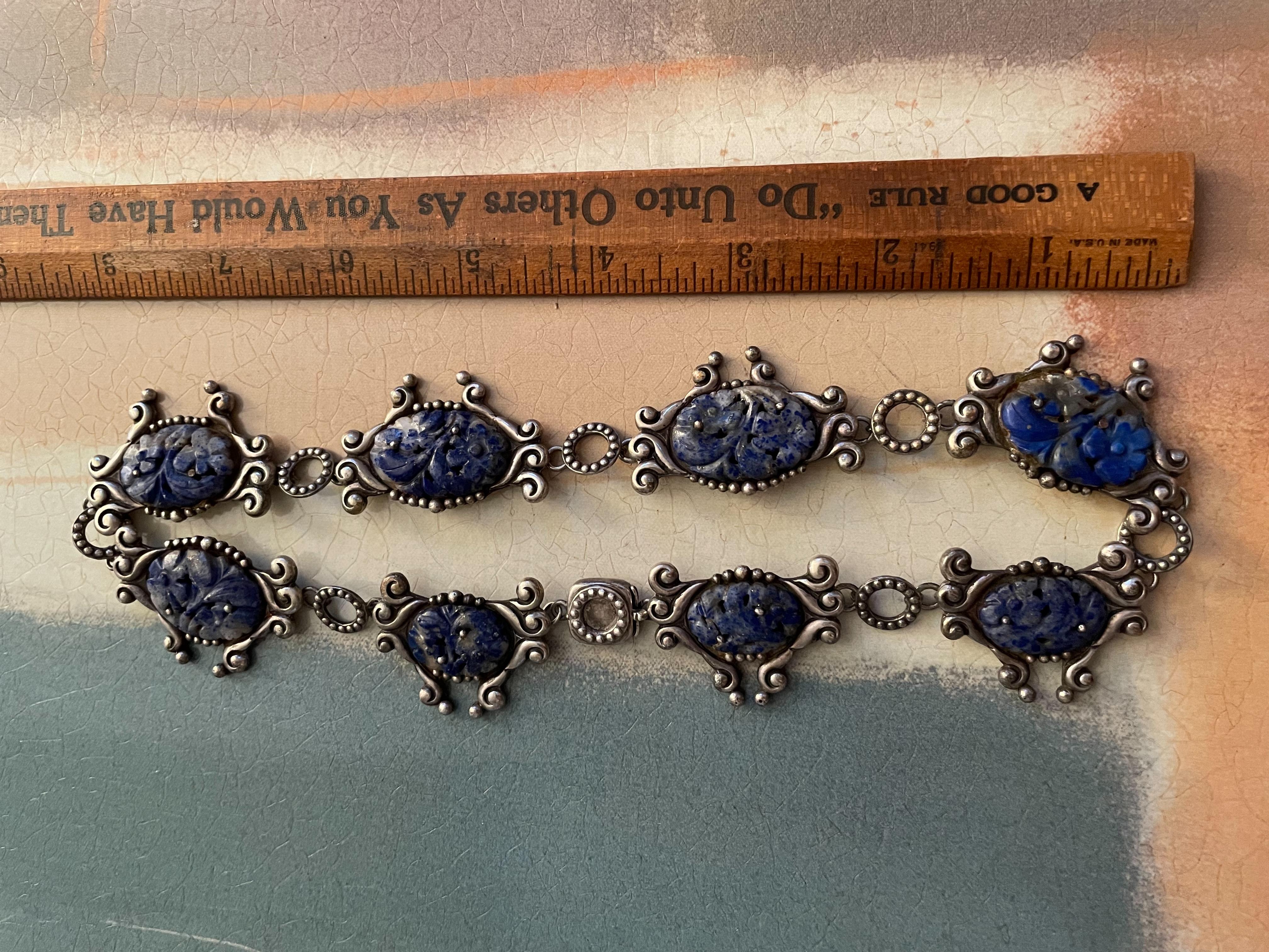 Vintage Las Castillos Taxco Lapis Lazuli Sterling Silver Necklace For Sale 3