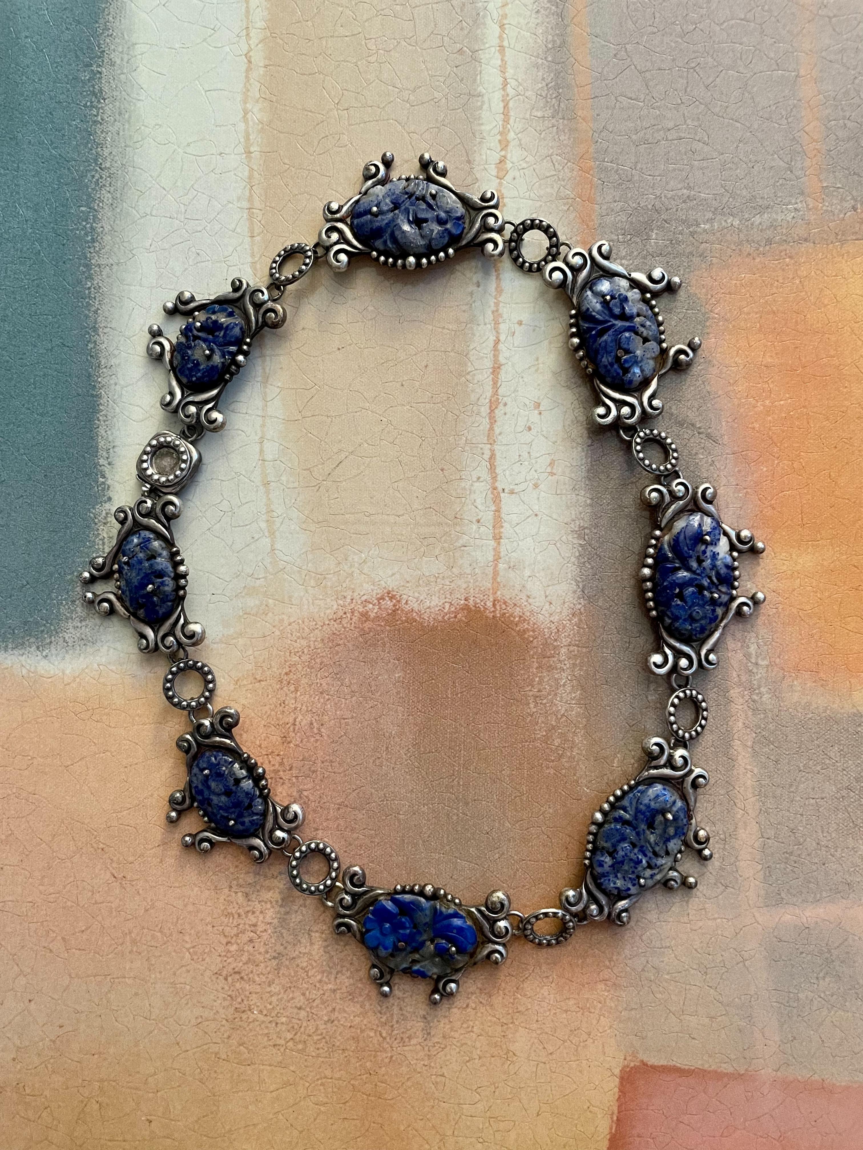 Vintage Las Castillos Taxco Lapis Lazuli Sterling Silver Necklace In Good Condition For Sale In St. Louis Park, MN
