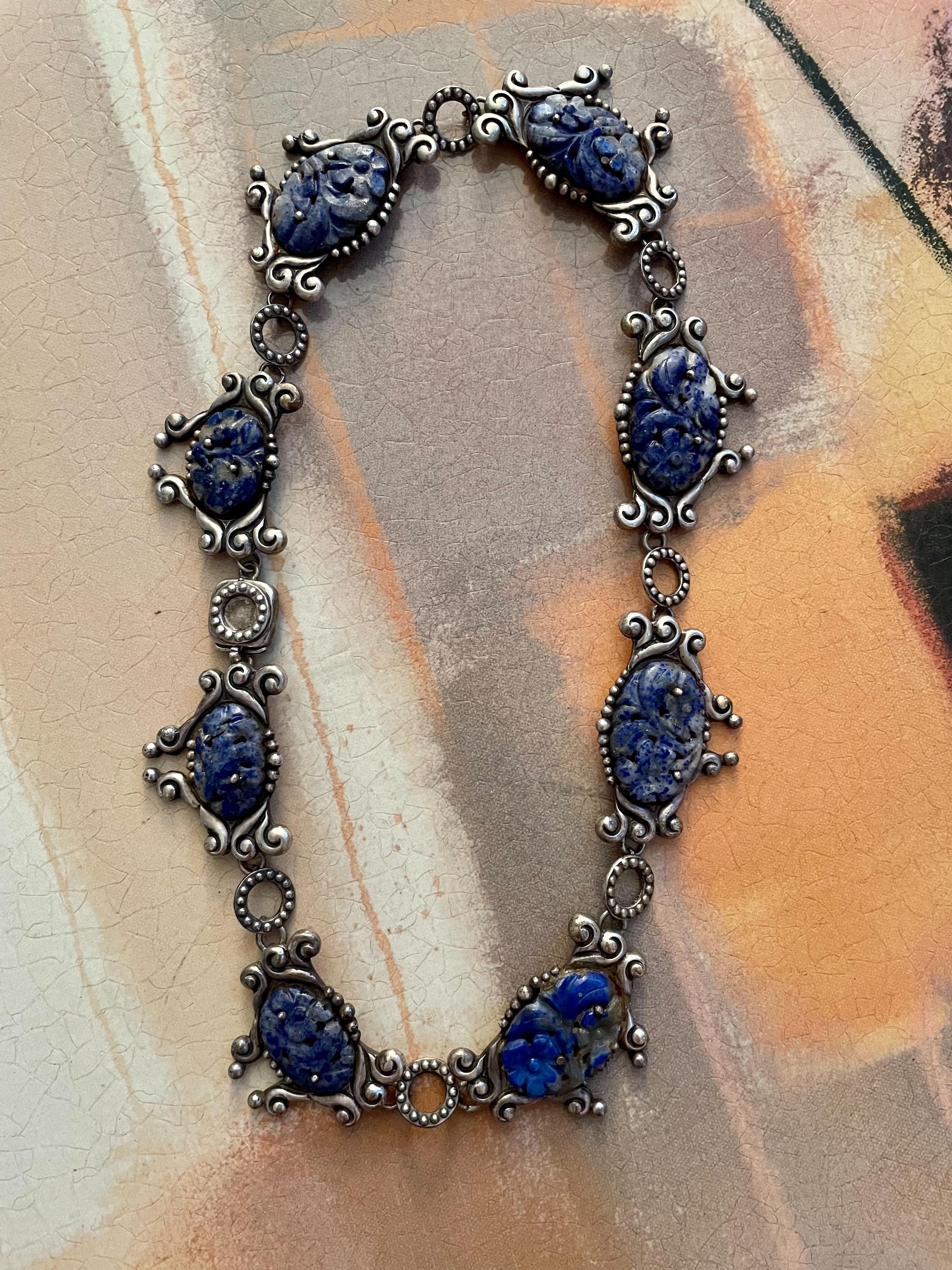 Women's or Men's Vintage Las Castillos Taxco Lapis Lazuli Sterling Silver Necklace For Sale