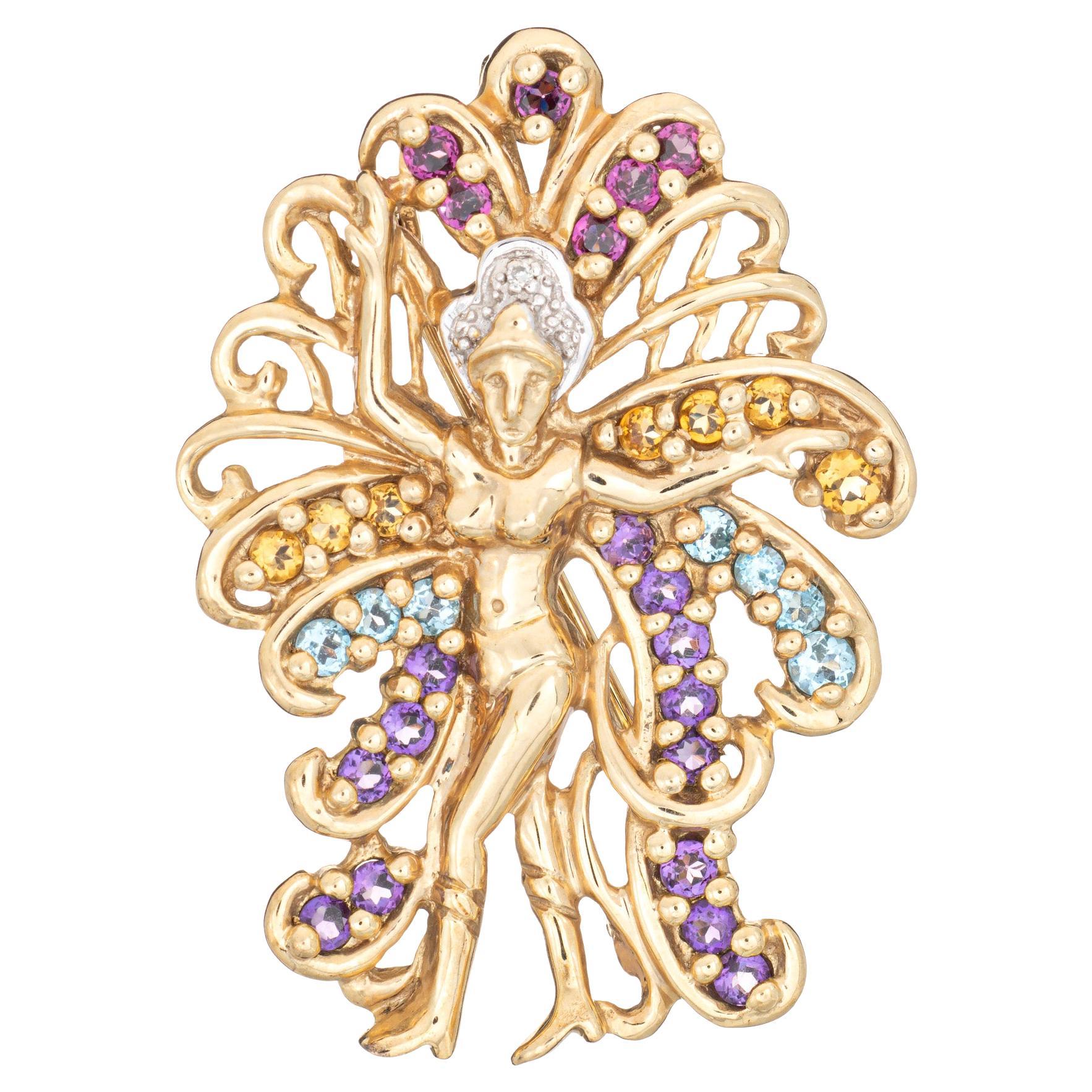 Vintage Las Vegas Showgirl Gemstone Pendant 10k Yellow Gold Brooch Fine Jewelry