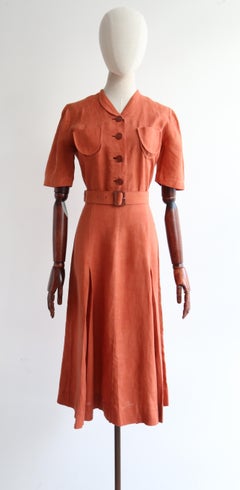 Vintage Late 1930's Terracotta Linen Dress & Jacket UK 12 US 8
