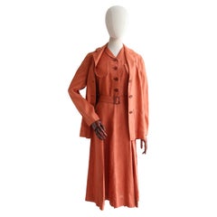 Vintage Late 1930's Terracotta Linen Dress & Jacket UK 12 US 8