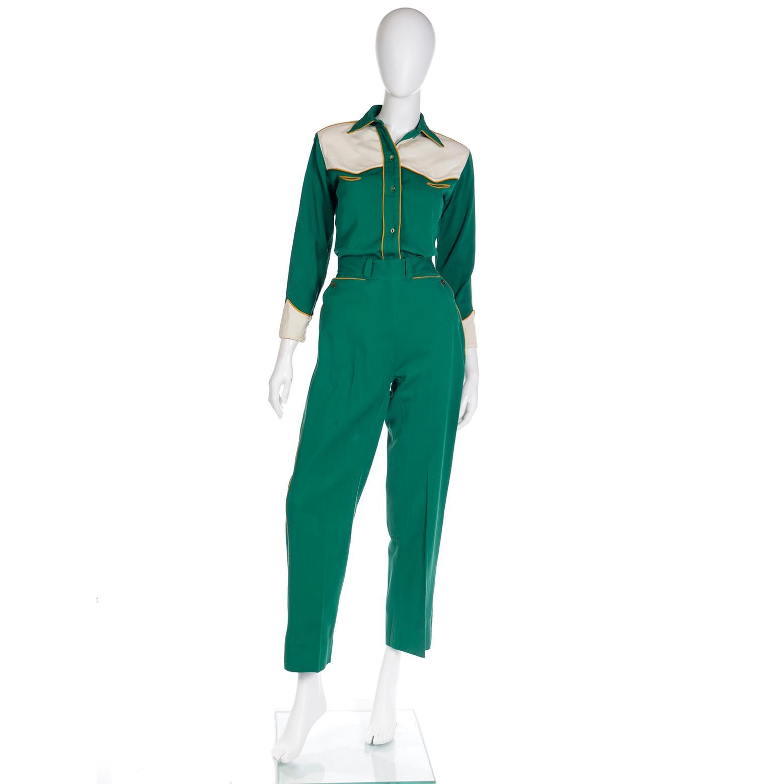 This is a vintage late 1940's or early 1950's western pant suit from a California female rancher. Years ago, we acquired the estate of a female rancher who owned an outstanding collection of 1940s and 1950's Western wear. Her collection included
