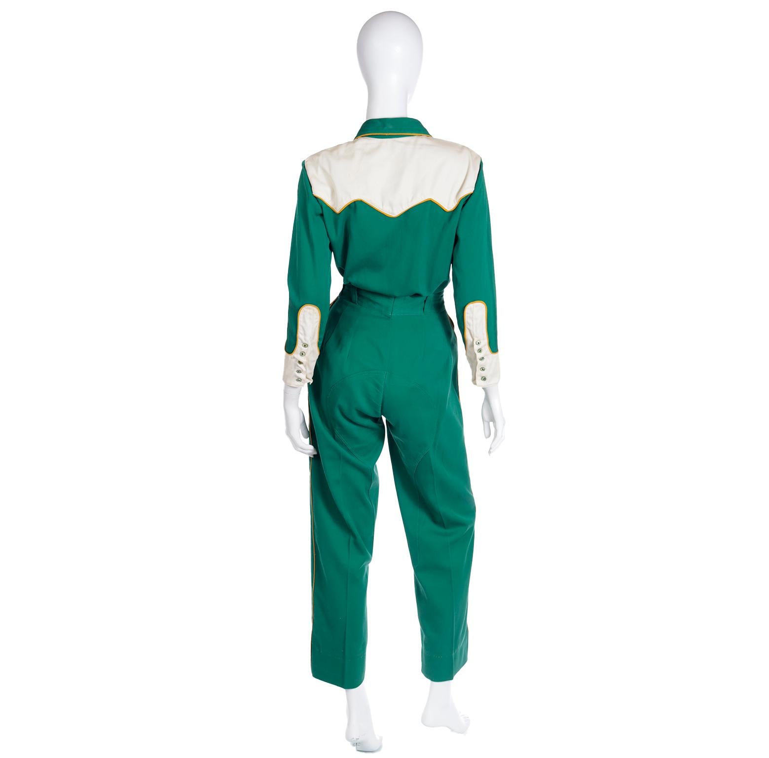 Women's Vintage Late 1940s Green Western Cowgirl 2 Pc Gabardine Shirt & Pants Outfit For Sale