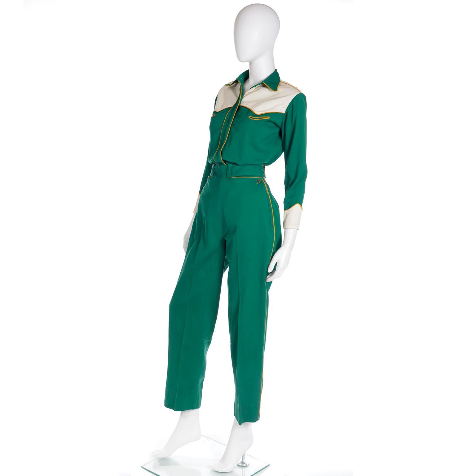 Vintage Late 1940s Green Western Cowgirl 2 Pc Gabardine Shirt & Pants Outfit For Sale 1