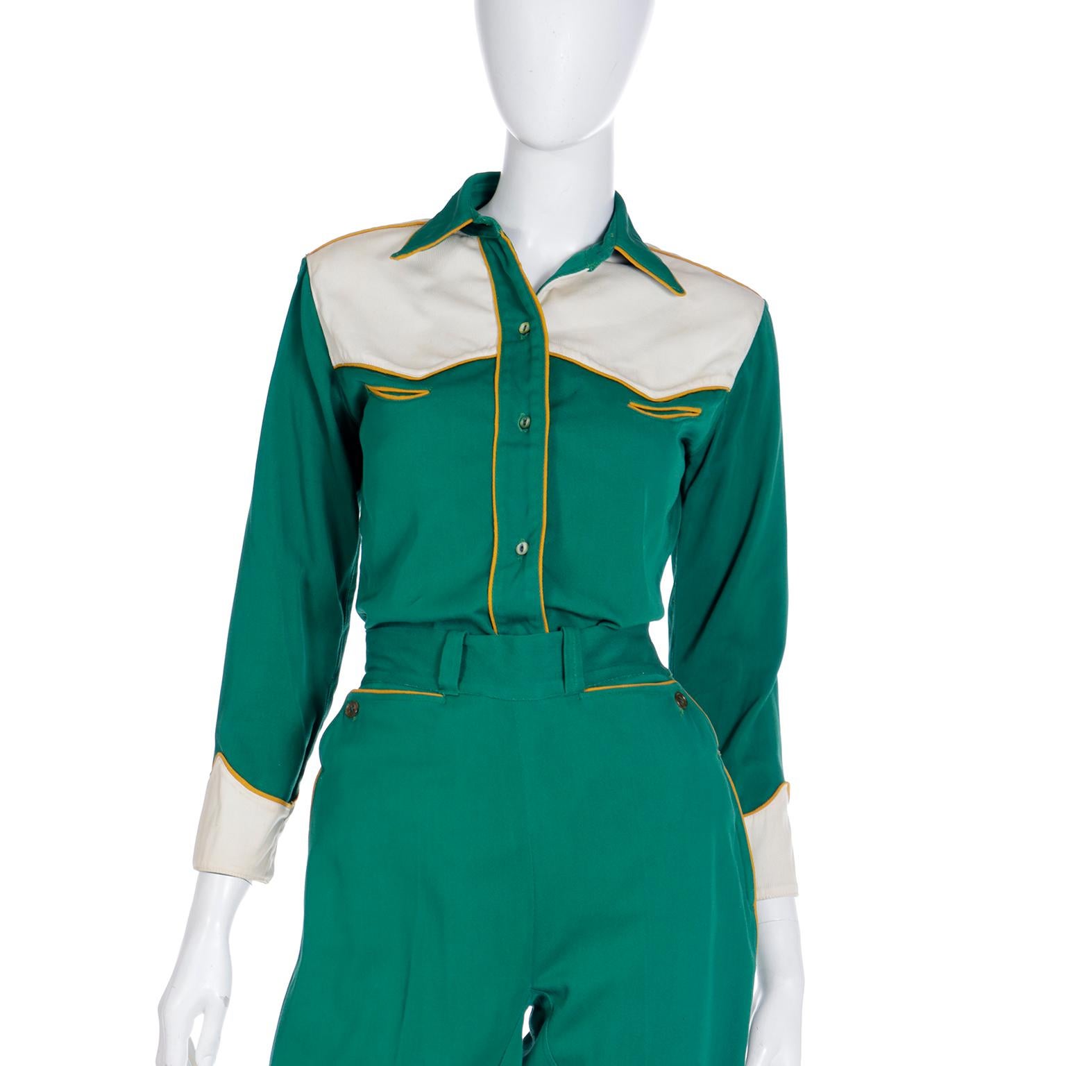 Vintage Late 1940s Green Western Cowgirl 2 Pc Gabardine Shirt & Pants Outfit For Sale 2