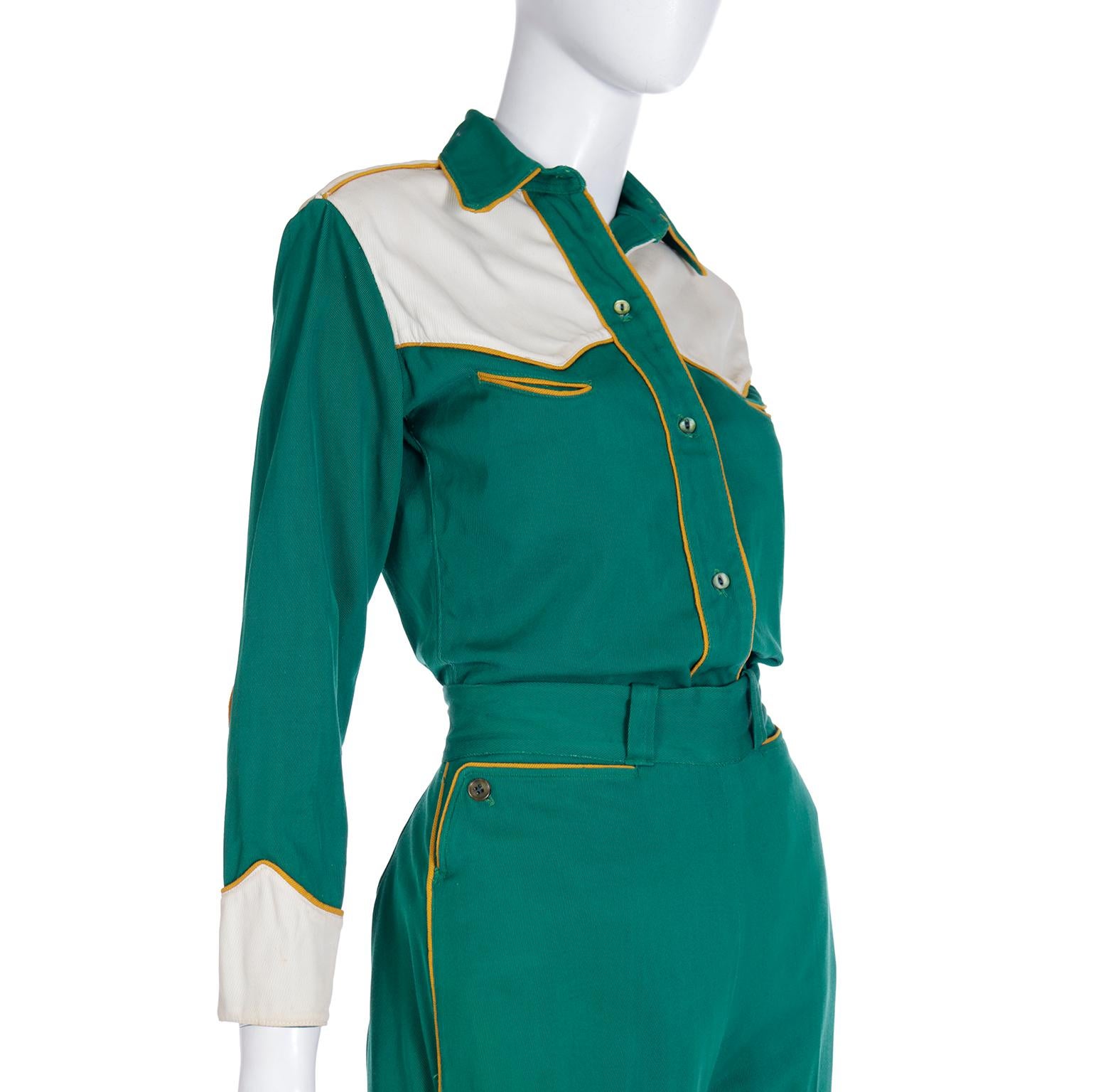 Vintage Late 1940s Green Western Cowgirl 2 Pc Gabardine Shirt & Pants Outfit For Sale 3