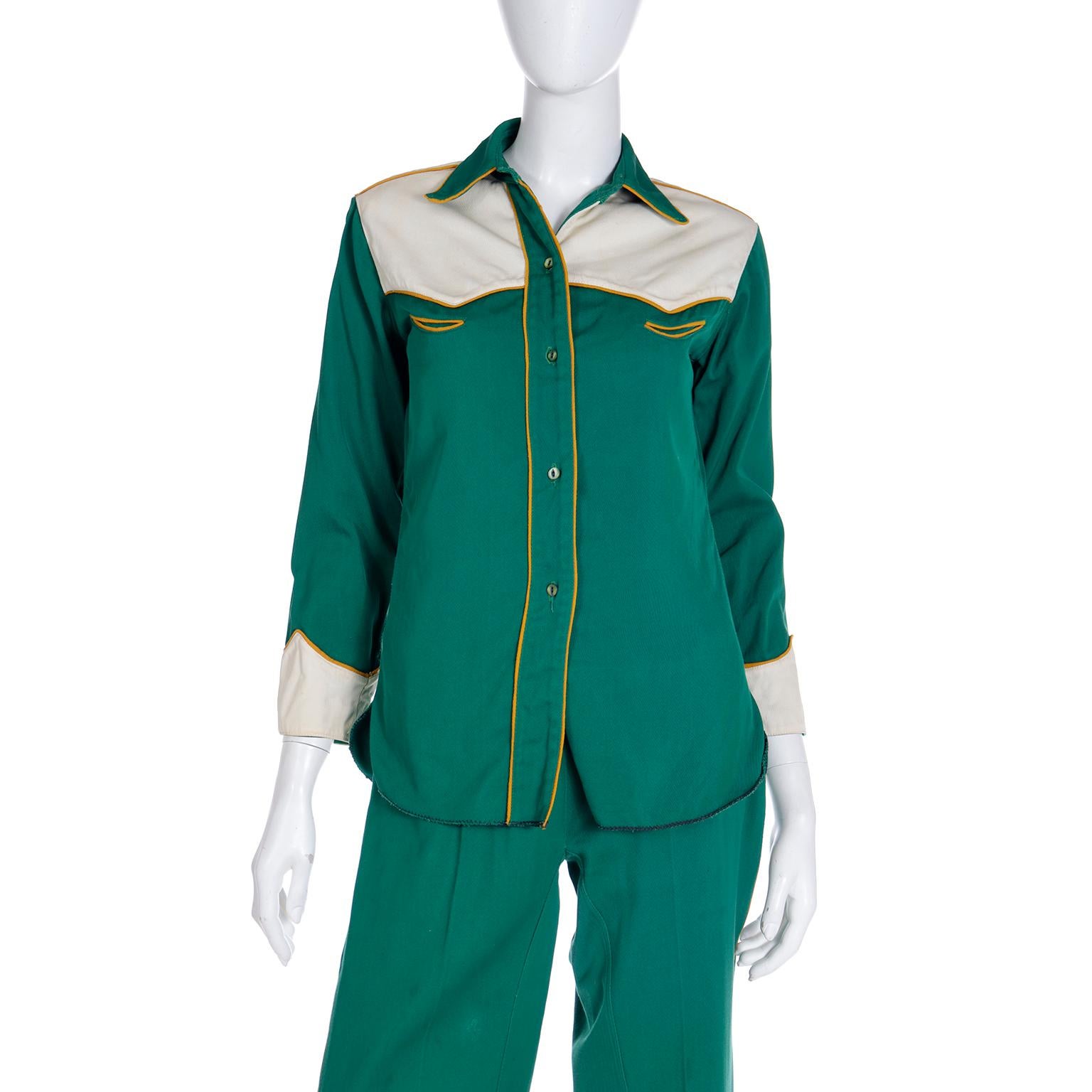 Vintage Late 1940s Green Western Cowgirl 2 Pc Gabardine Shirt & Pants Outfit For Sale 5