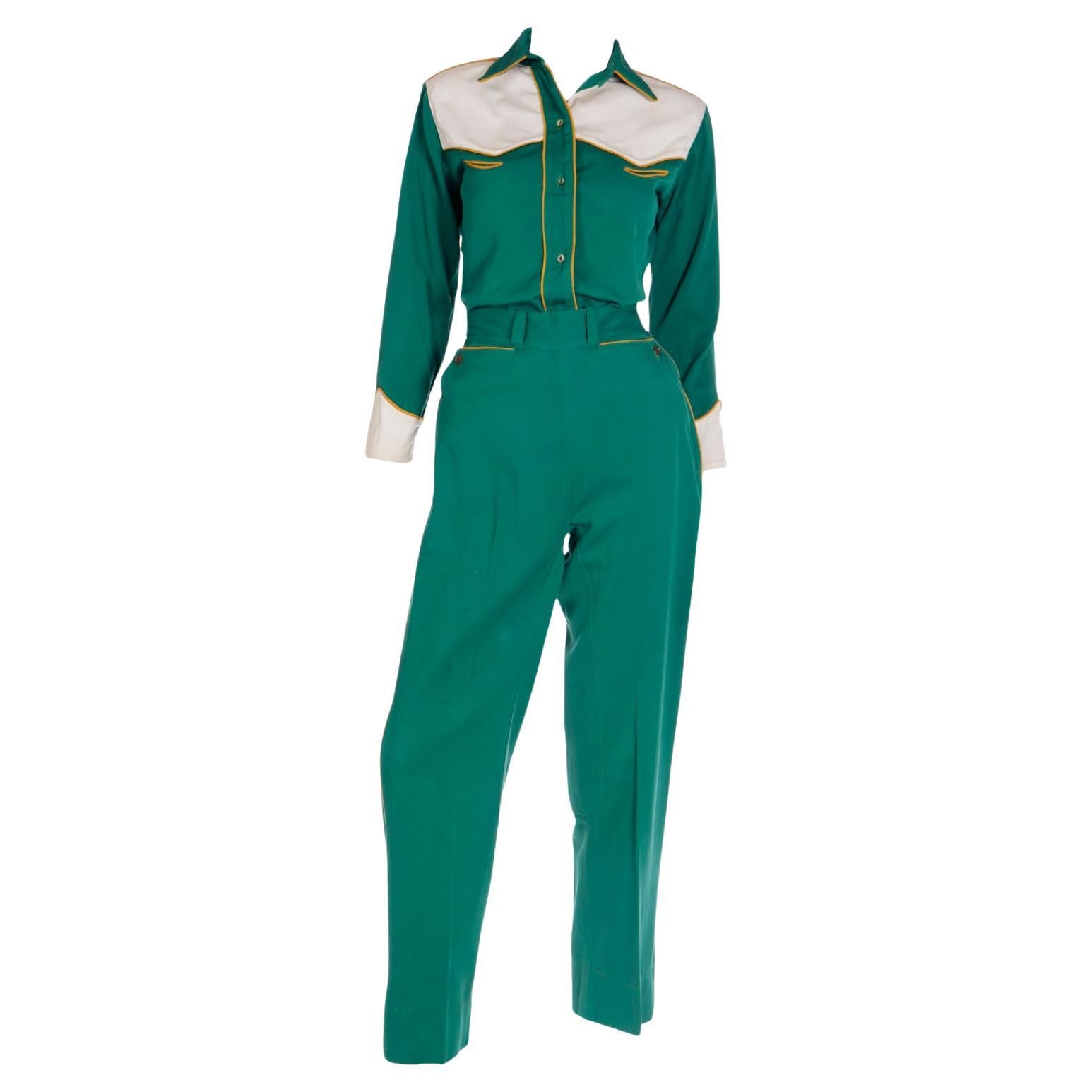 Vintage Late 1940s Green Western Cowgirl 2 Pc Gabardine Shirt & Pants Outfit For Sale