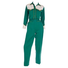 Vintage Ende 1940er Jahre Grün Western Cowgirl 2 Pc Gabardine Hemd & Hose Outfit