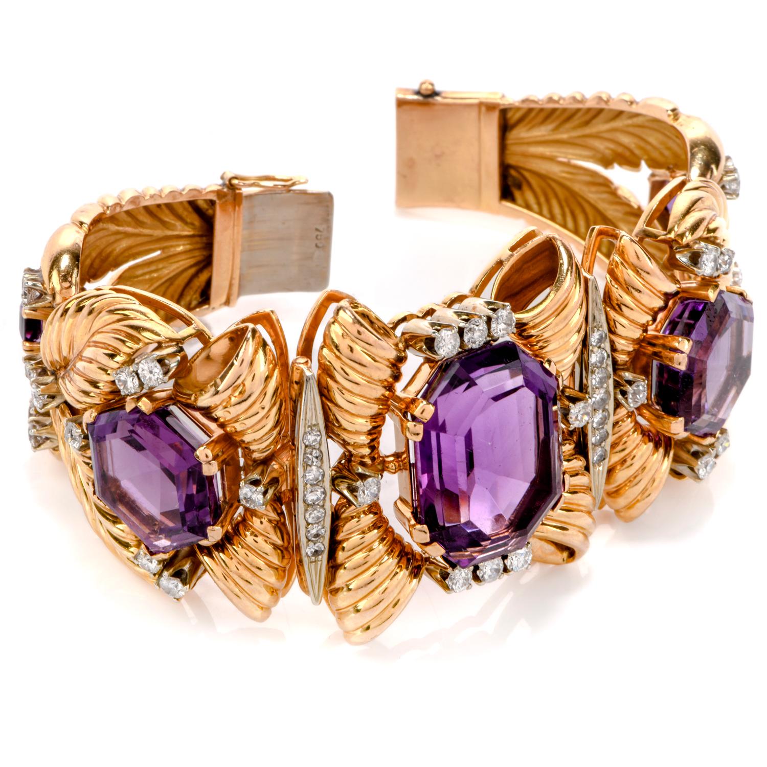 Live life lavishly with this decadently gorgeous  Vintage Early 1960s Diamond Amethyst 18K Gold  Bracelet.

Historically, the color of purple was associated with the most powerful monarchs and rulers in history and many of them adorned amethyst