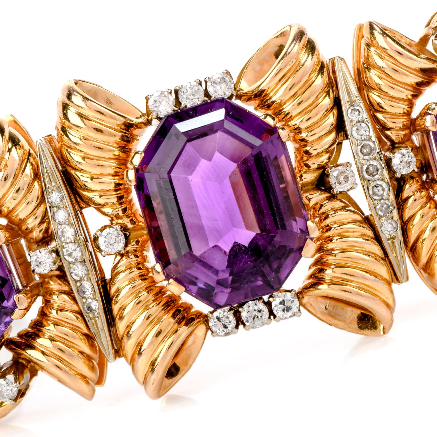 Retro Vintage Late 1950s Diamond Amethyst 18 Karat Gold Wide Bracelet