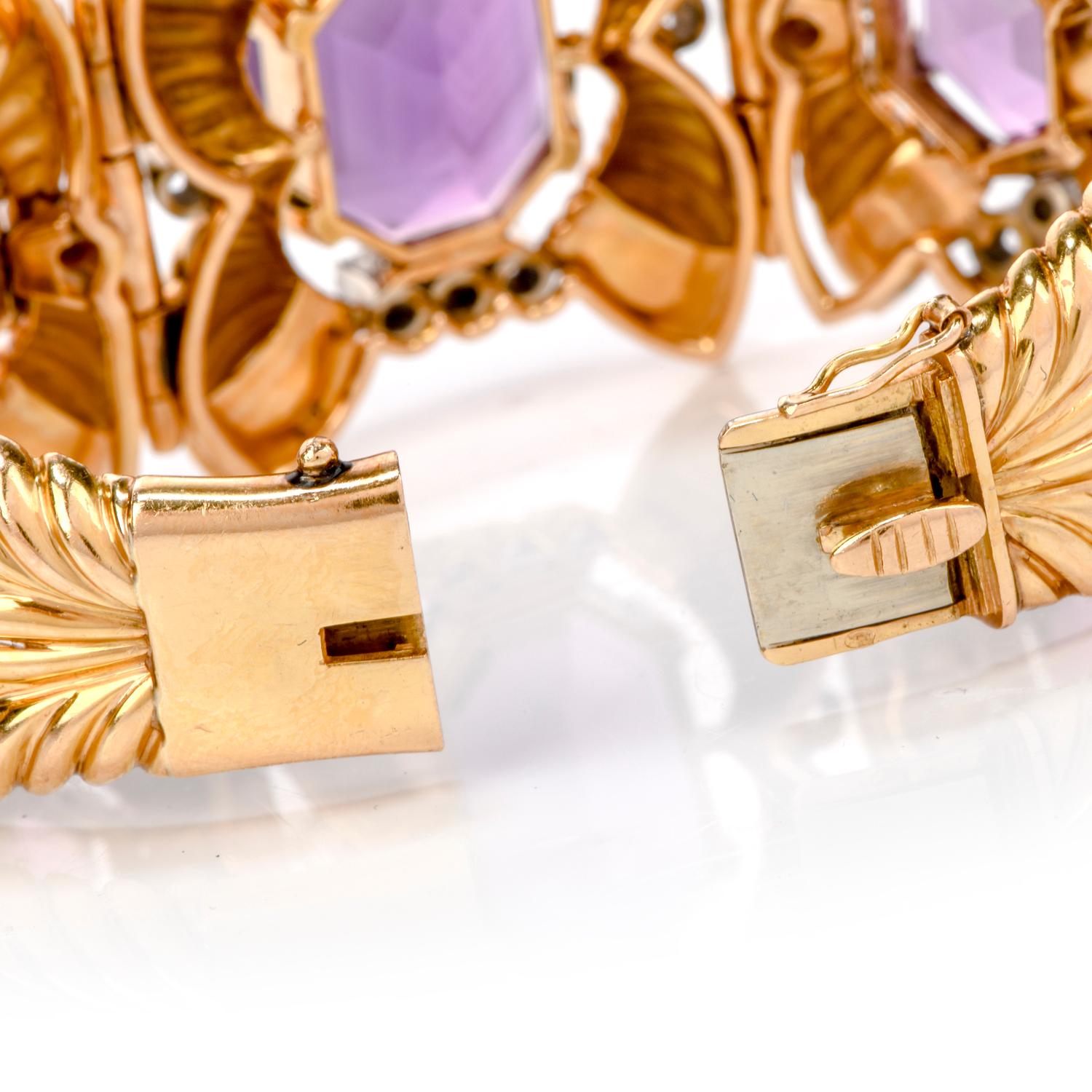 Emerald Cut Vintage Late 1950s Diamond Amethyst 18 Karat Gold Wide Bracelet