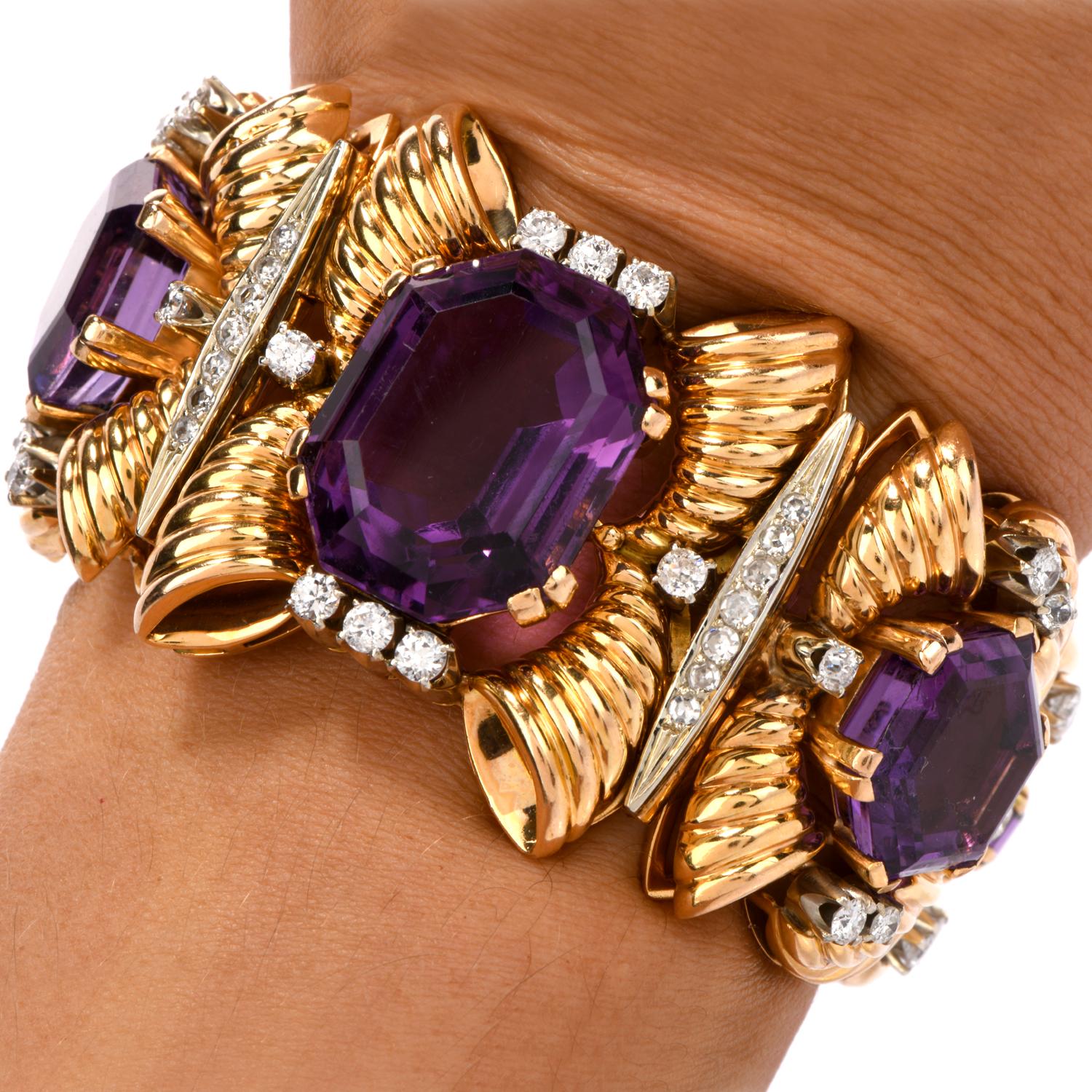 Vintage Late 1950s Diamond Amethyst 18 Karat Gold Wide Bracelet In Excellent Condition In Miami, FL