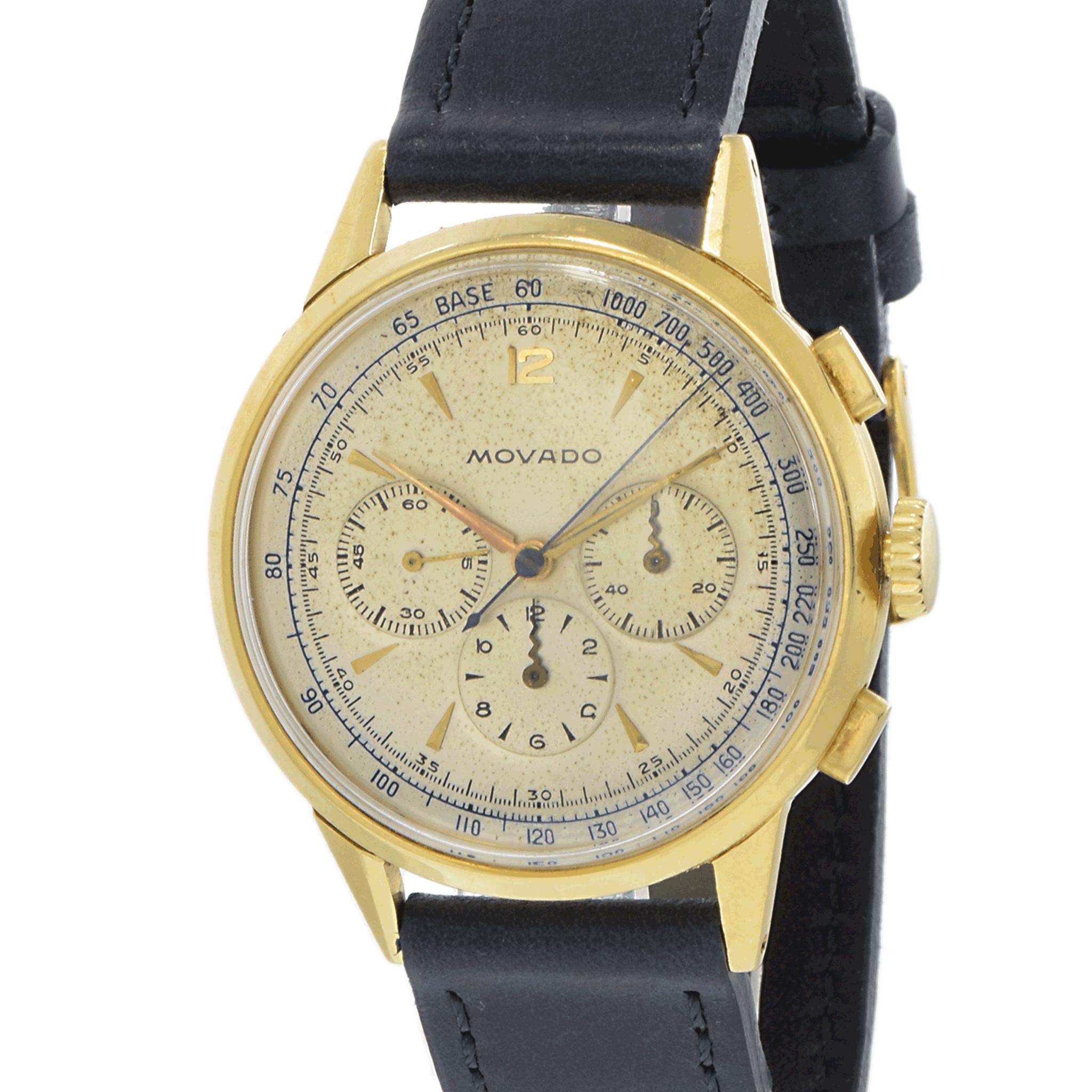 Vintage Late 1950s Movado Chronograph 9036 18K Yellow Gold – Manual Wind In Good Condition For Sale In New York, NY