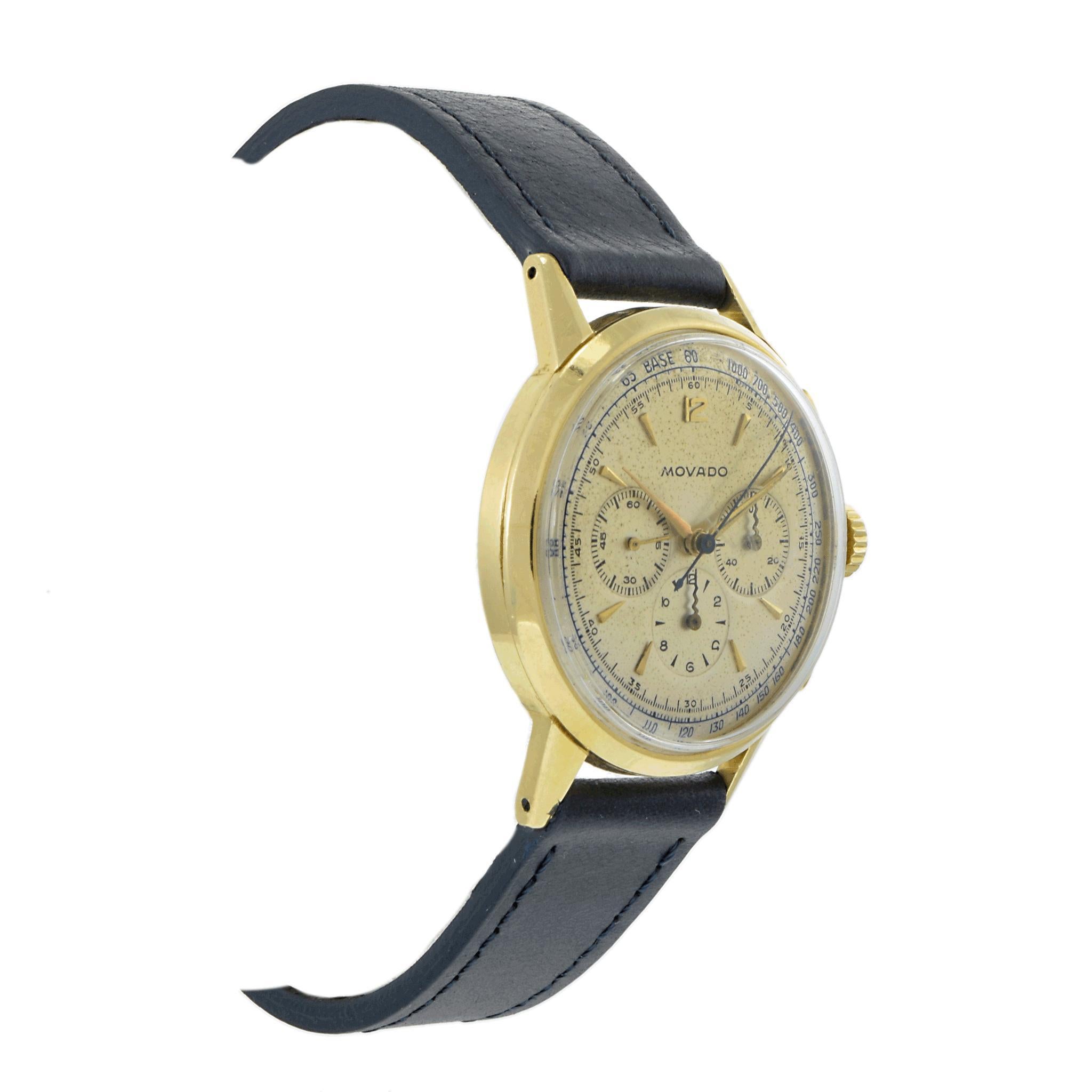 Women's or Men's Vintage Late 1950s Movado Chronograph 9036 18K Yellow Gold – Manual Wind For Sale