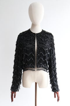 Vintage Late 1960's Black Beaded Fringed Jacket UK 10 US 6