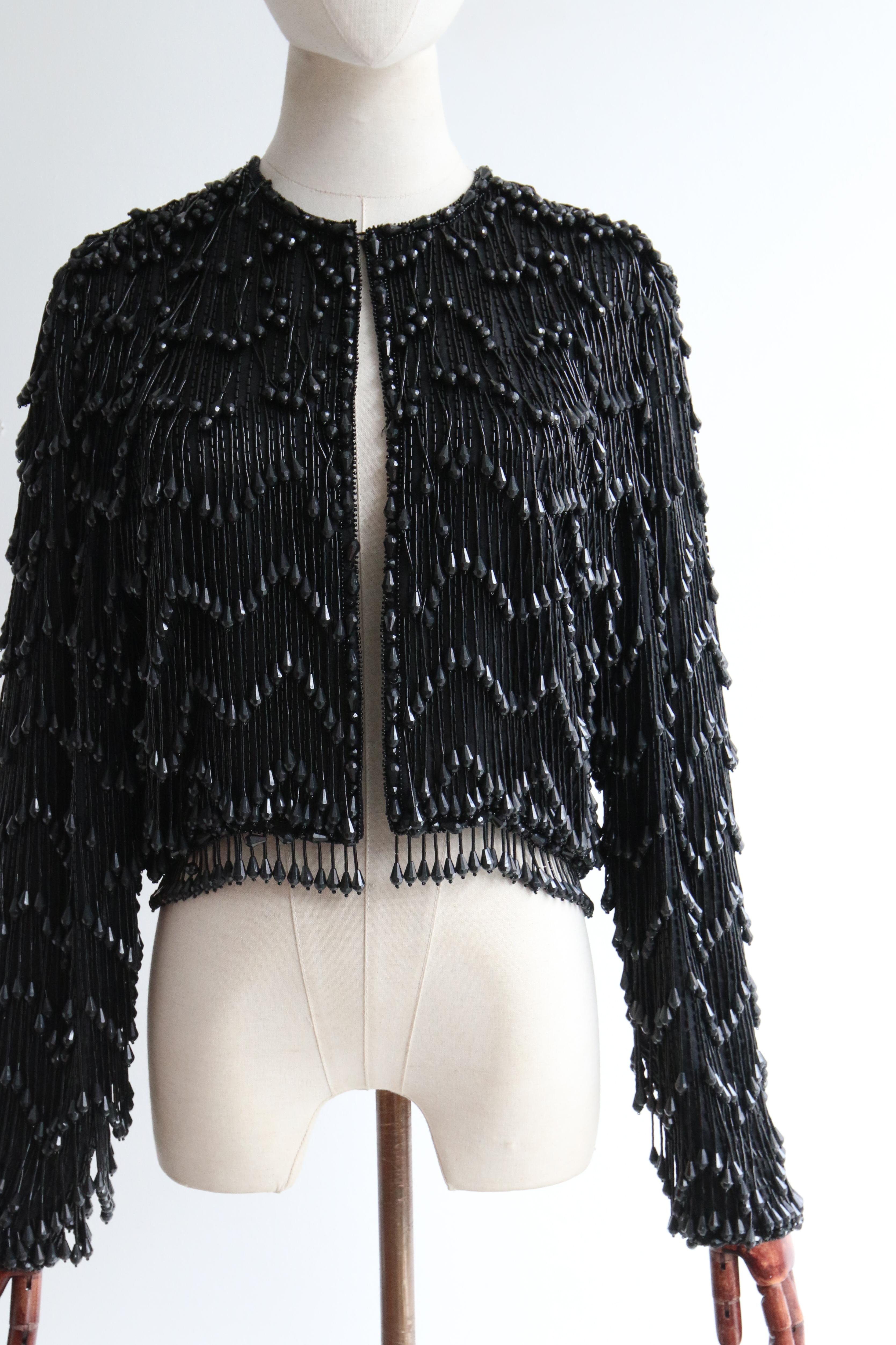 Vintage Late 1960's Black Beaded Fringed Jacket UK 10 US 6 In Good Condition In Cheltenham, GB