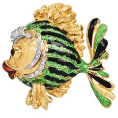Vintage late 1980s 18K Gold Diamond Enamel Fish Brooch