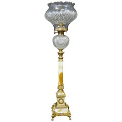 Lampada da tavolo vintage di fine Ottocento di epoca vittoriana in vetro tagliato, onice e bronzo