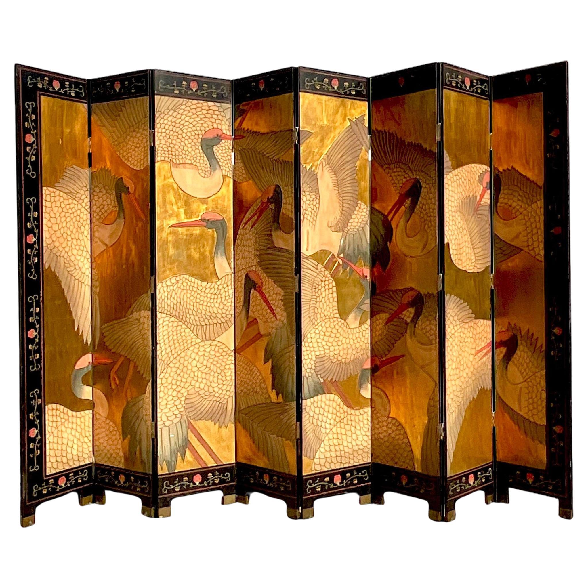 Vintage Late 20th Century Asian Gilt Crane Folding Screen