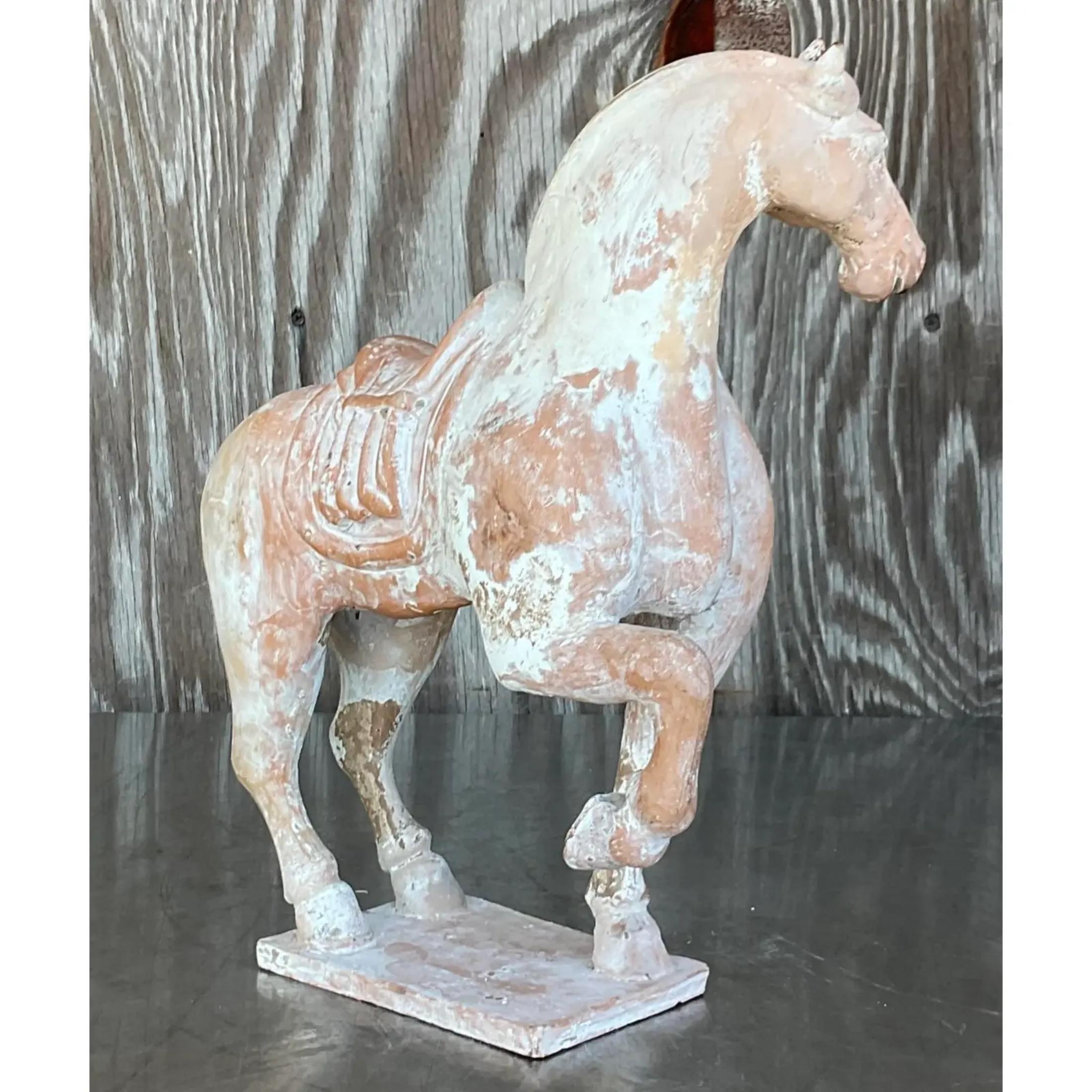 A fabulous vintage Asian Horse. A chic replica from the Tang Dynasty era. Beautiful terra Cotta form with gorgeous white washed detail. Acquired from a Palm Beach estate
