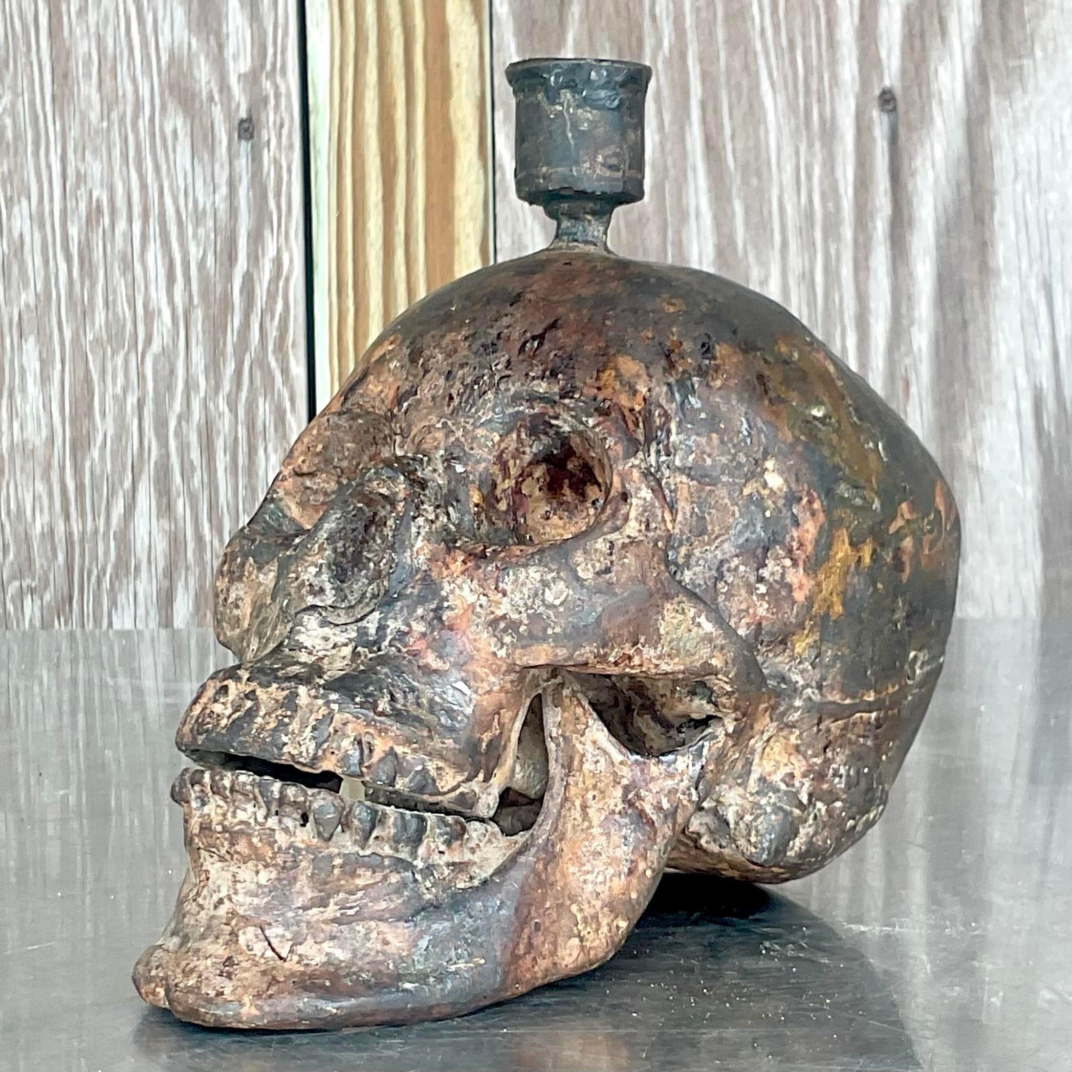 American Vintage Late 20th Century Boho Bronze Candlestick Skull For Sale