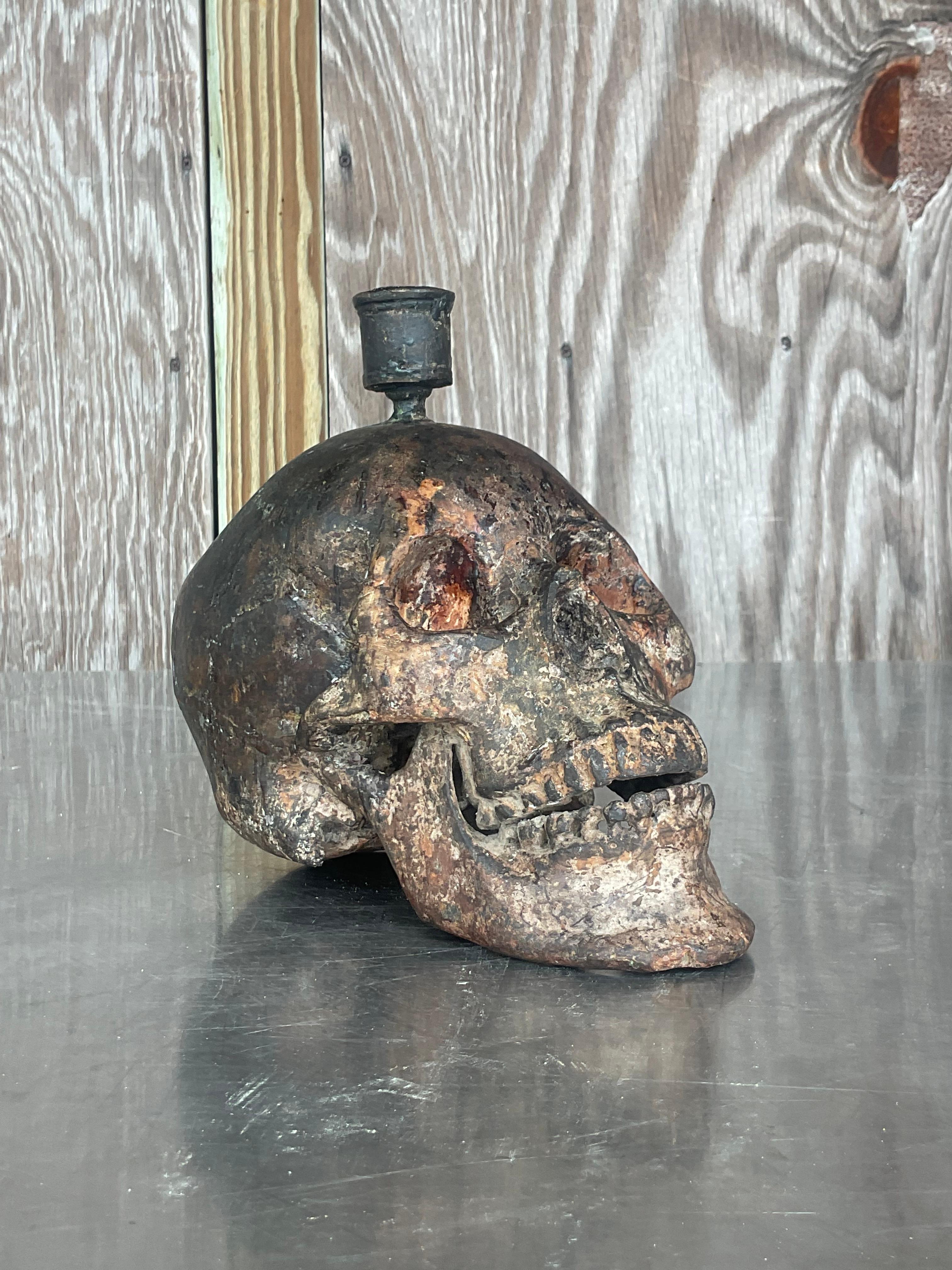 Vintage Late 20th Century Boho Bronze Candlestick Skull In Good Condition For Sale In west palm beach, FL