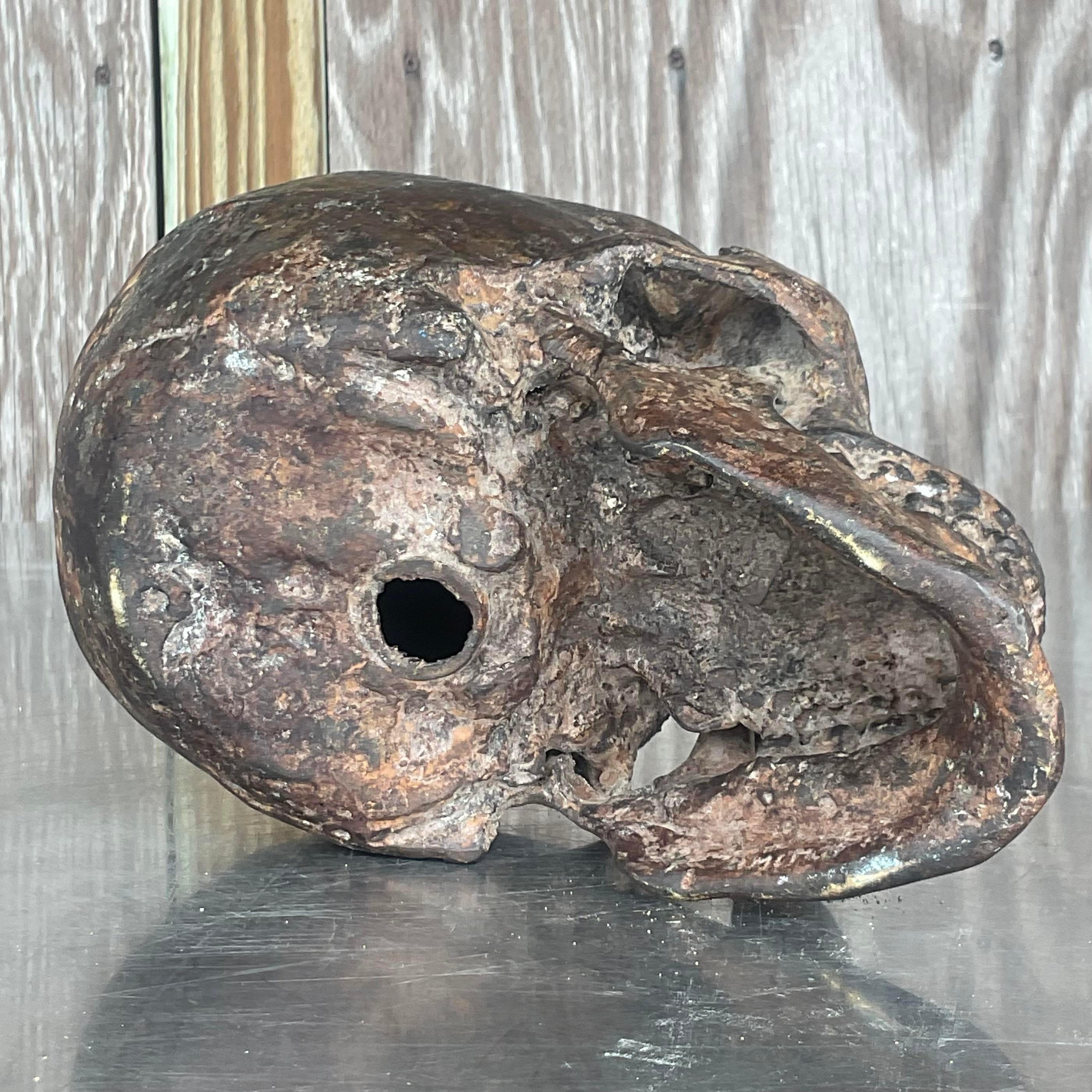 Vintage Late 20th Century Boho Bronze Candlestick Skull For Sale 1