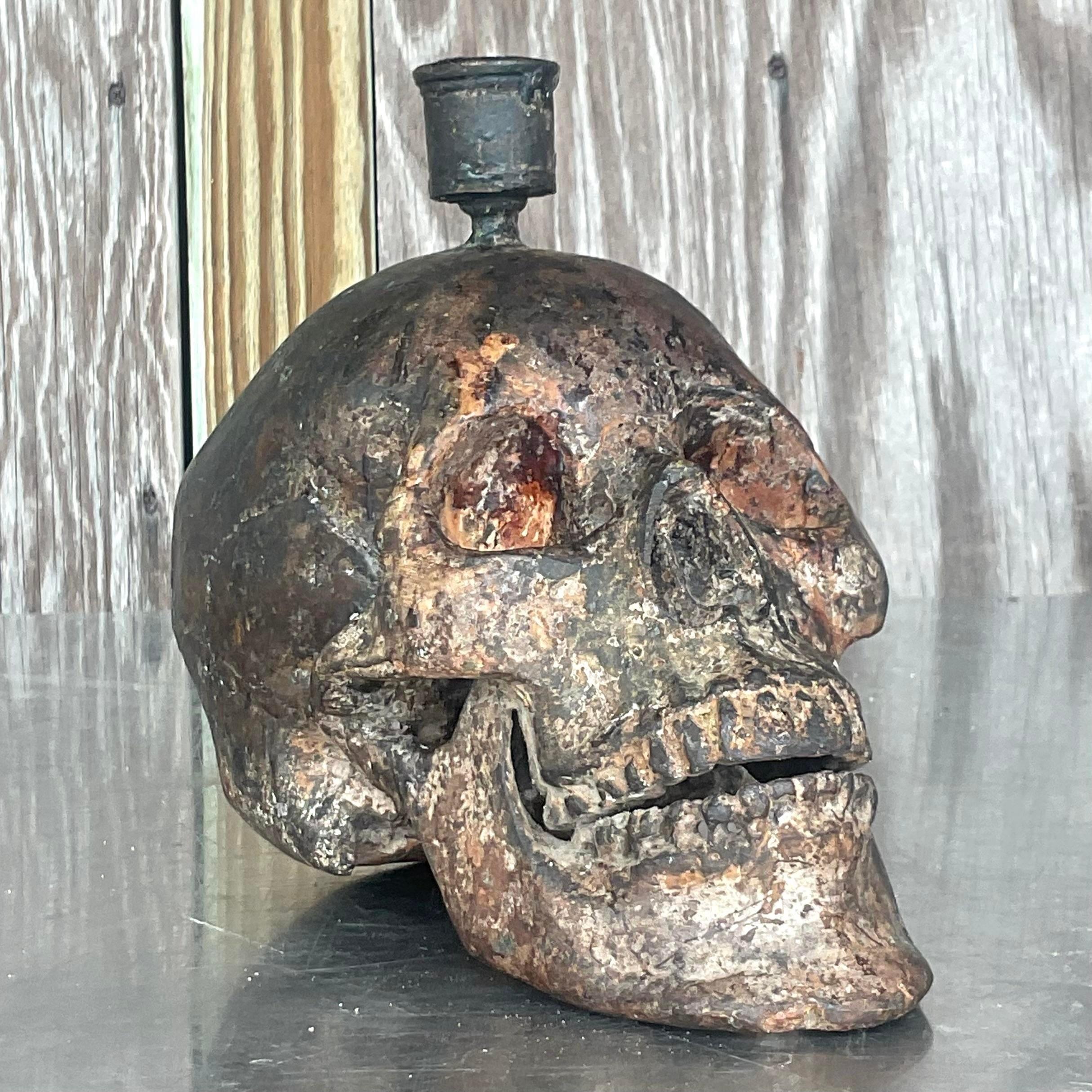 Vintage Late 20th Century Boho Bronze Candlestick Skull For Sale 2