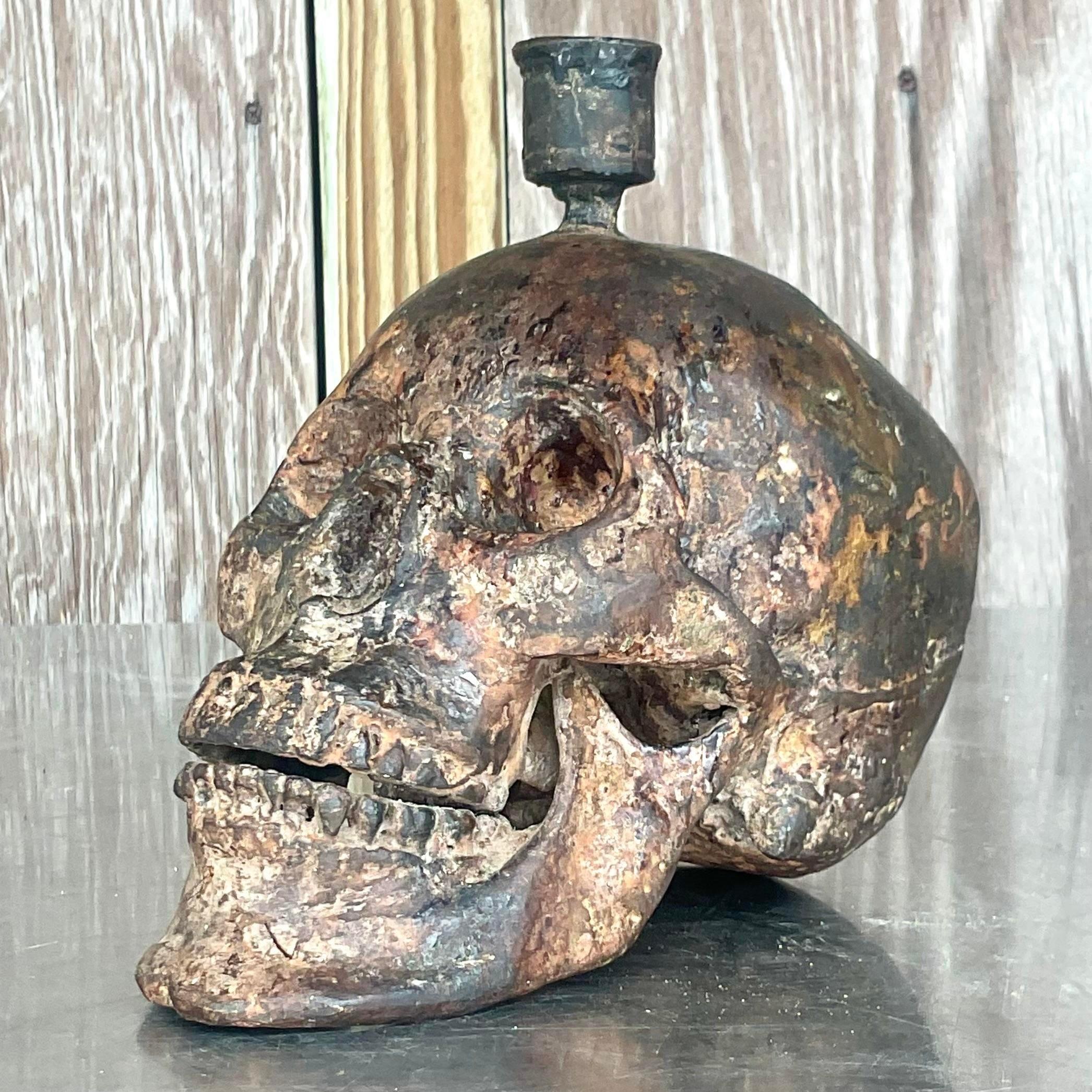 Vintage Late 20th Century Boho Bronze Candlestick Skull For Sale 3
