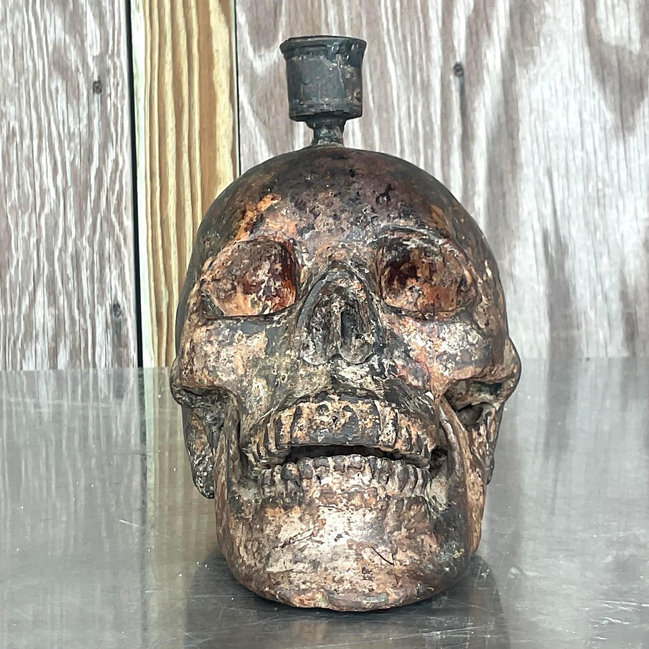 Vintage Late 20th Century Boho Bronze Candlestick Skull For Sale 4