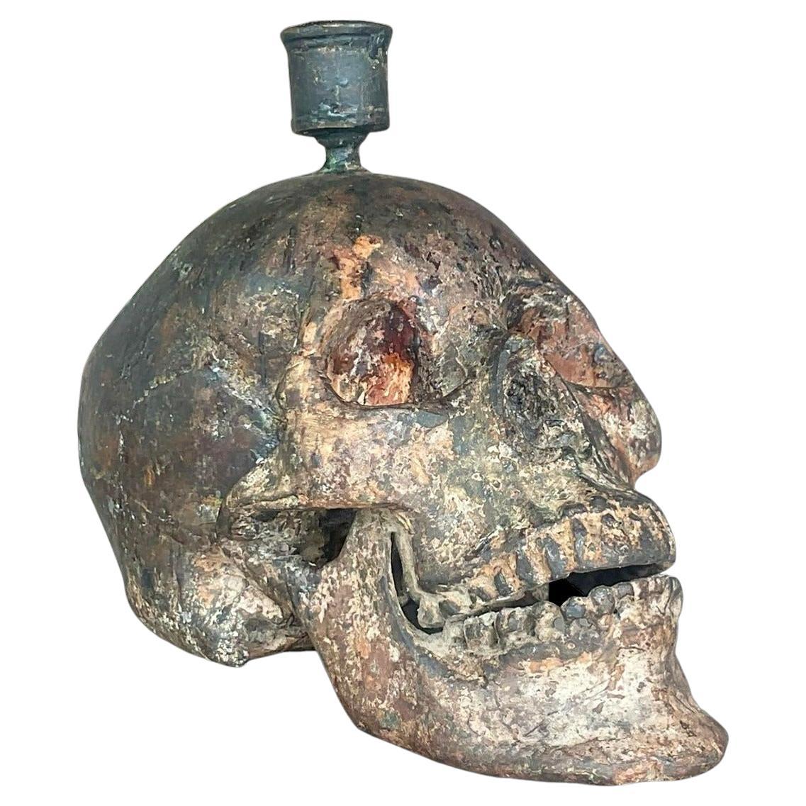 Vintage Late 20th Century Boho Bronze Candlestick Skull For Sale