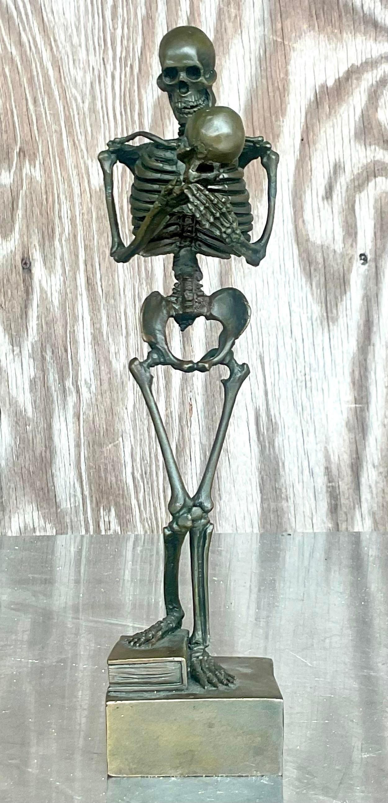 American Vintage Late 20th Century Boho Bronze Signed Skeleton Sculpture For Sale