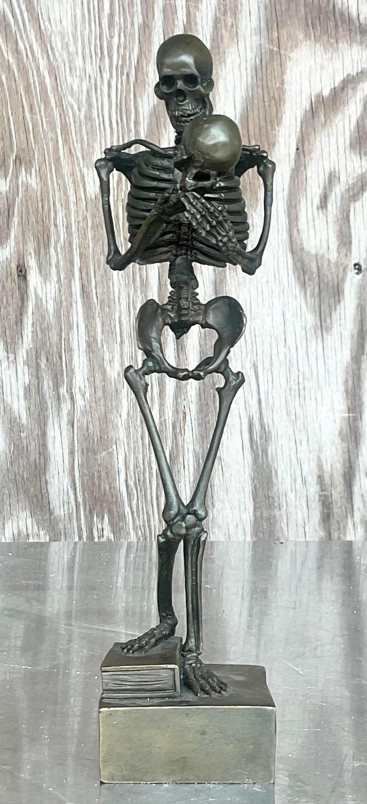 Vintage Late 20th Century Boho Bronze Signed Skeleton Sculpture For Sale 1