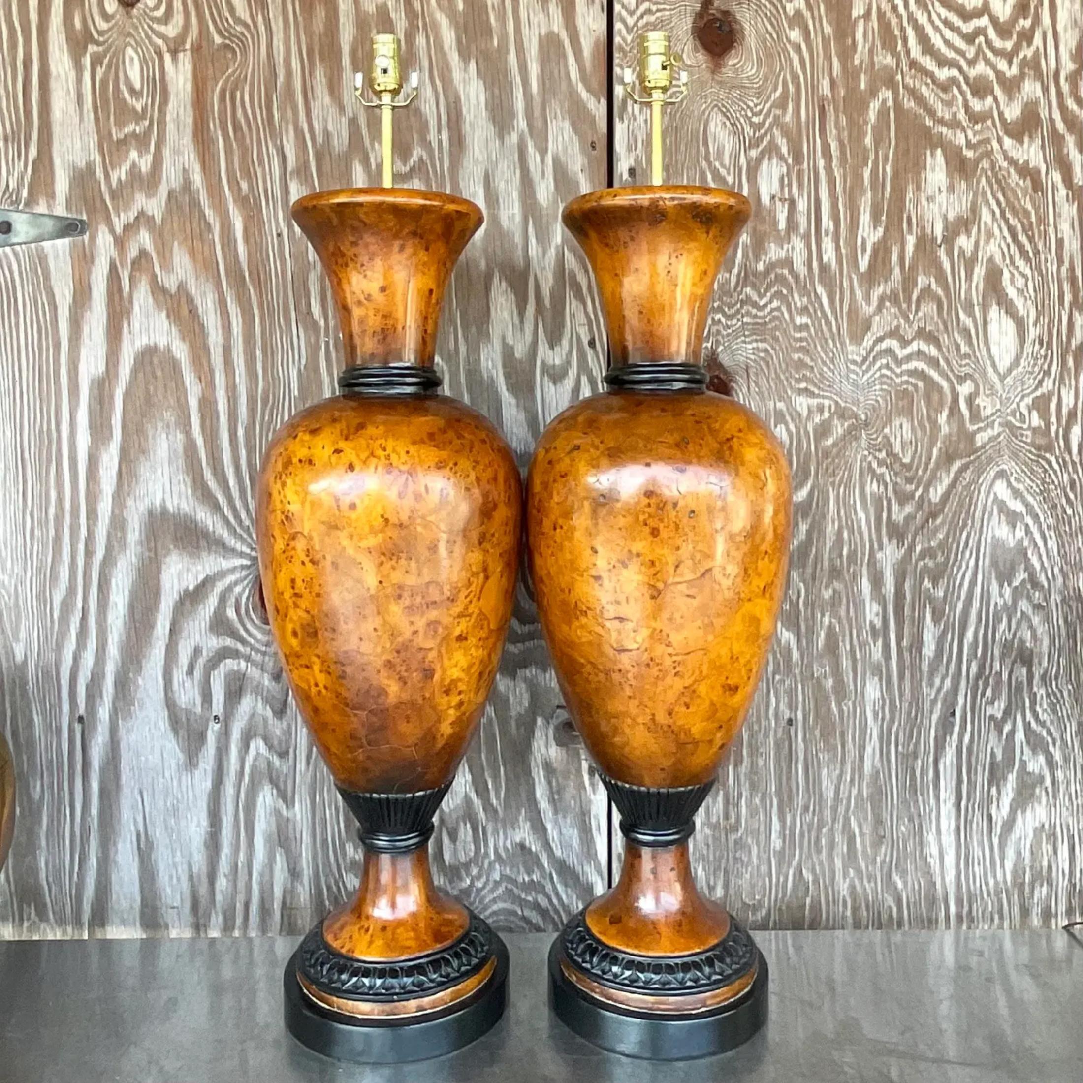 A fabulous pair of vintage Boho table lamps. Chic Burl wood urns with a Biedermeier motif. Monumental in size and drama. Fully restored with all new wiring and hardware. Acquired from a Palm Beach estate