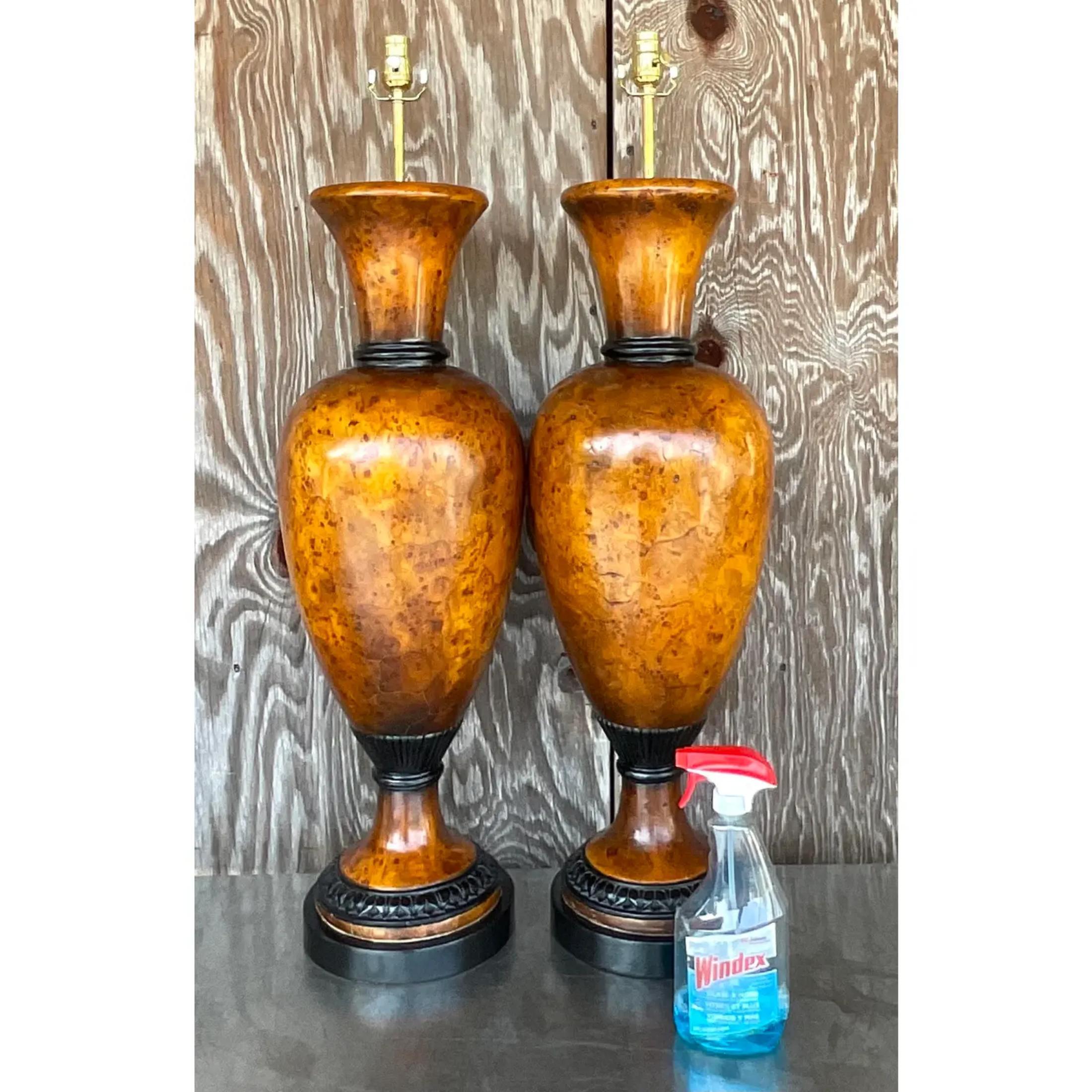 Biedermeier Vintage Late 20th Century Boho Burl Wood Urn Lamps - a Pair For Sale